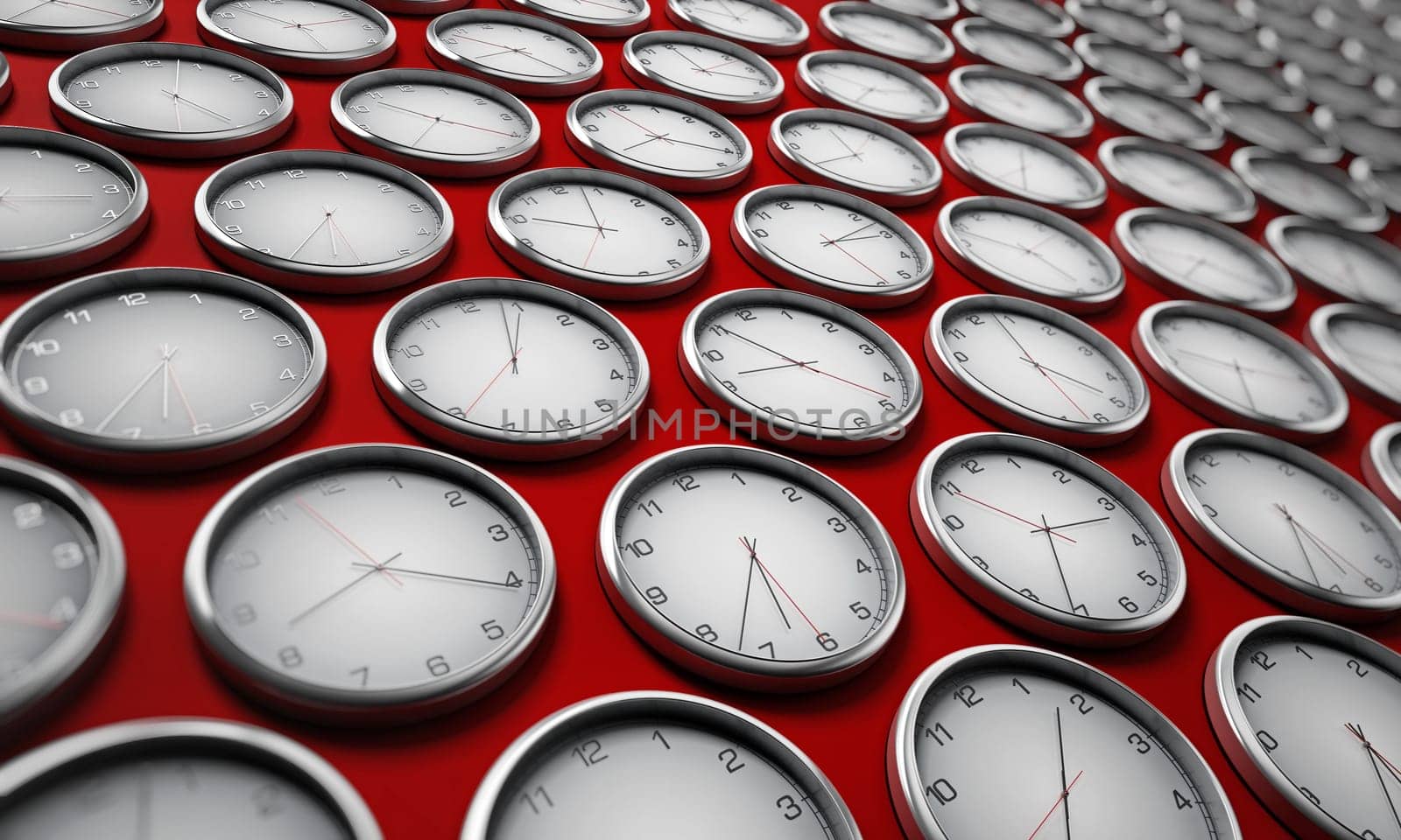Modern wall clocks showing different time zones of world cities. 3D illustration.