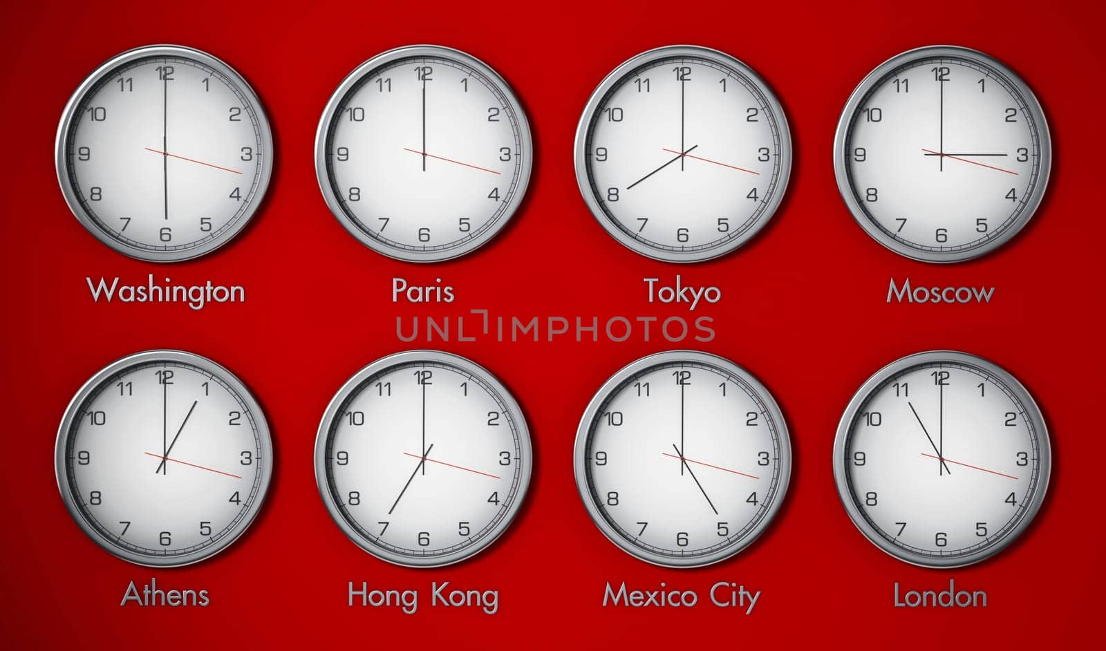 Modern wall clocks showing different time zones of world cities. 3D illustration.