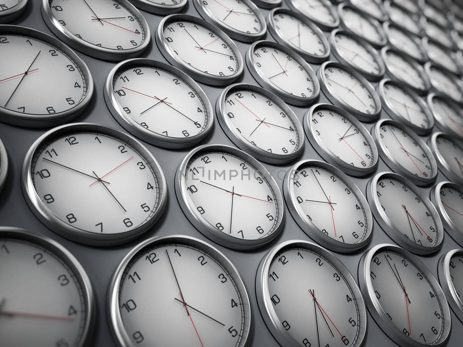 Modern wall clocks showing different time zones of world cities. 3D illustration.