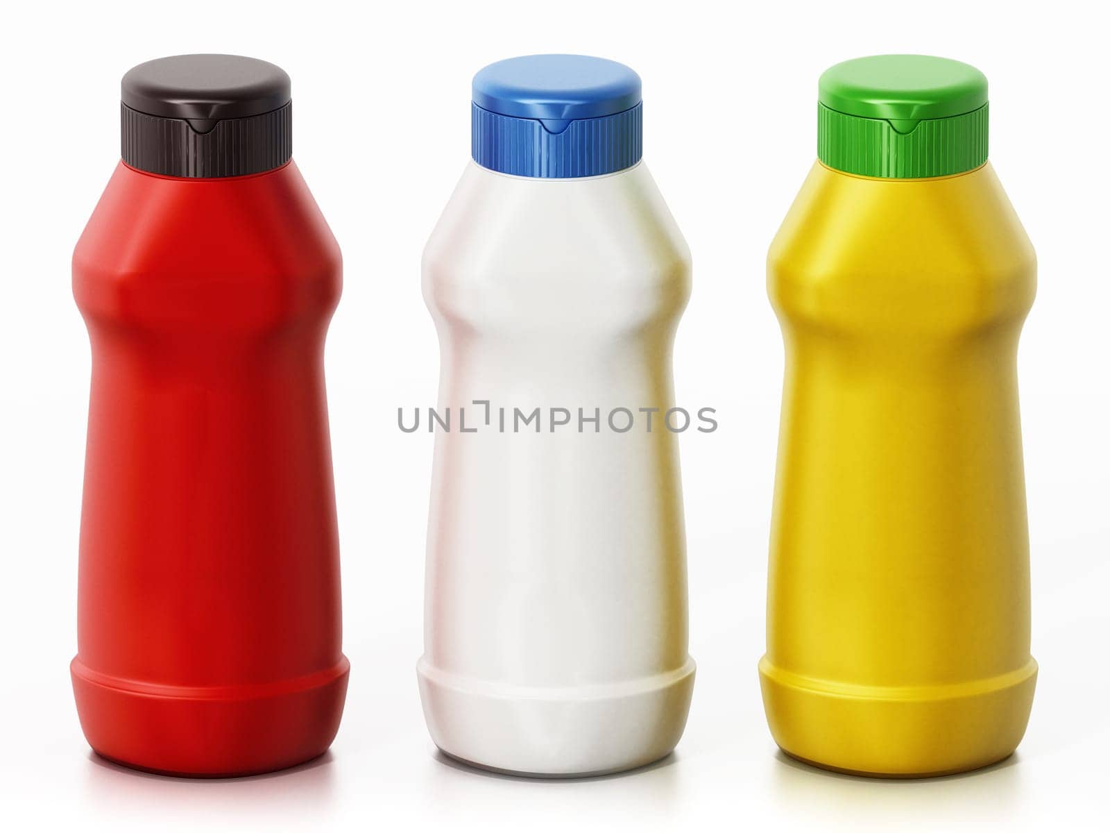 Ketchup, mayonnaise and mustard bottles isolated on white background. 3D illustration.