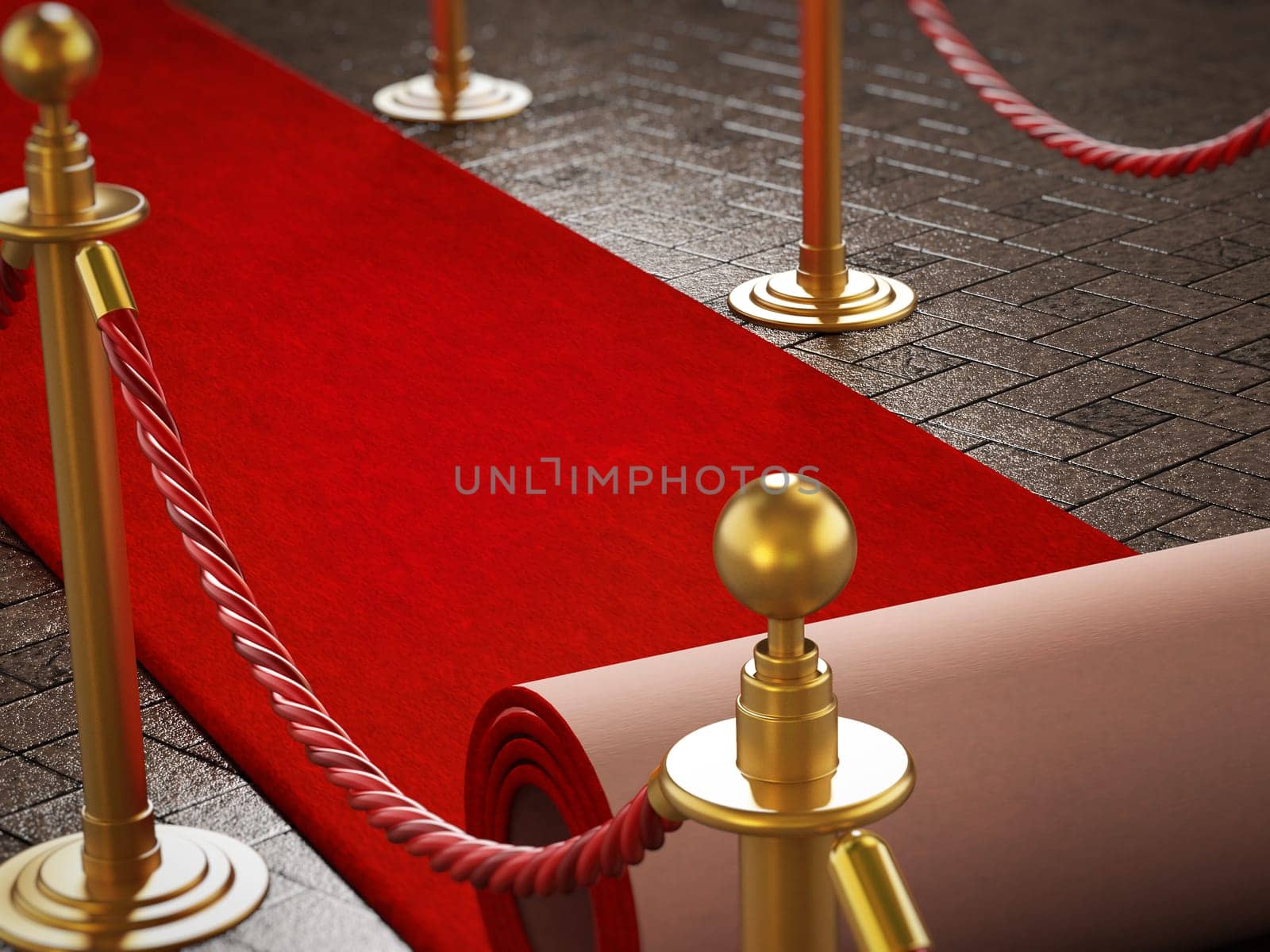 Red carpet and velvet ropes on gala night background. 3D illustration.