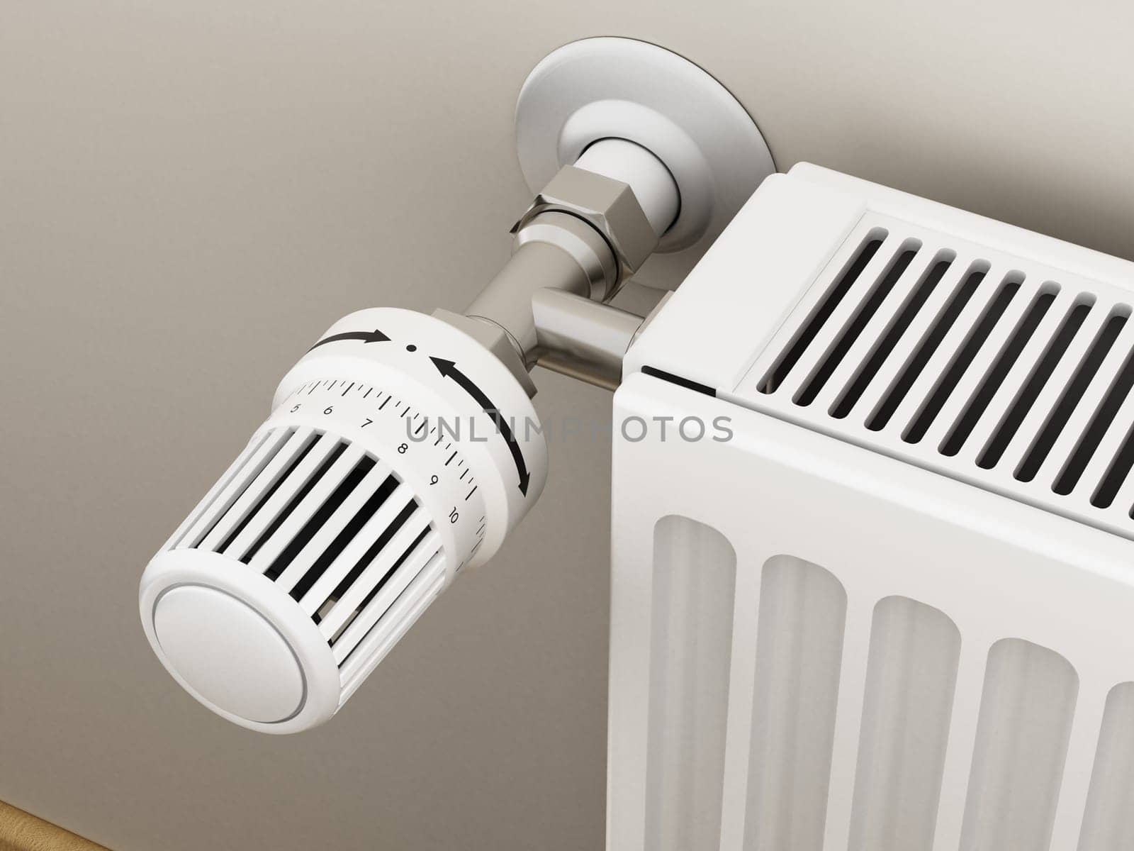 Adjustable radiator thermostat which controls the heat. 3D illustration.