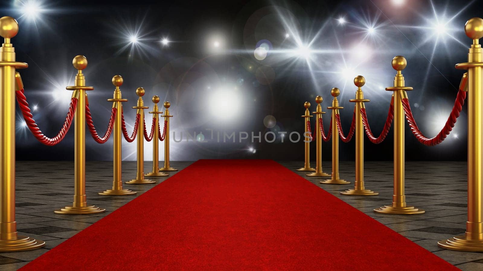 Red carpet and velvet ropes on gala night background. 3D illustration.