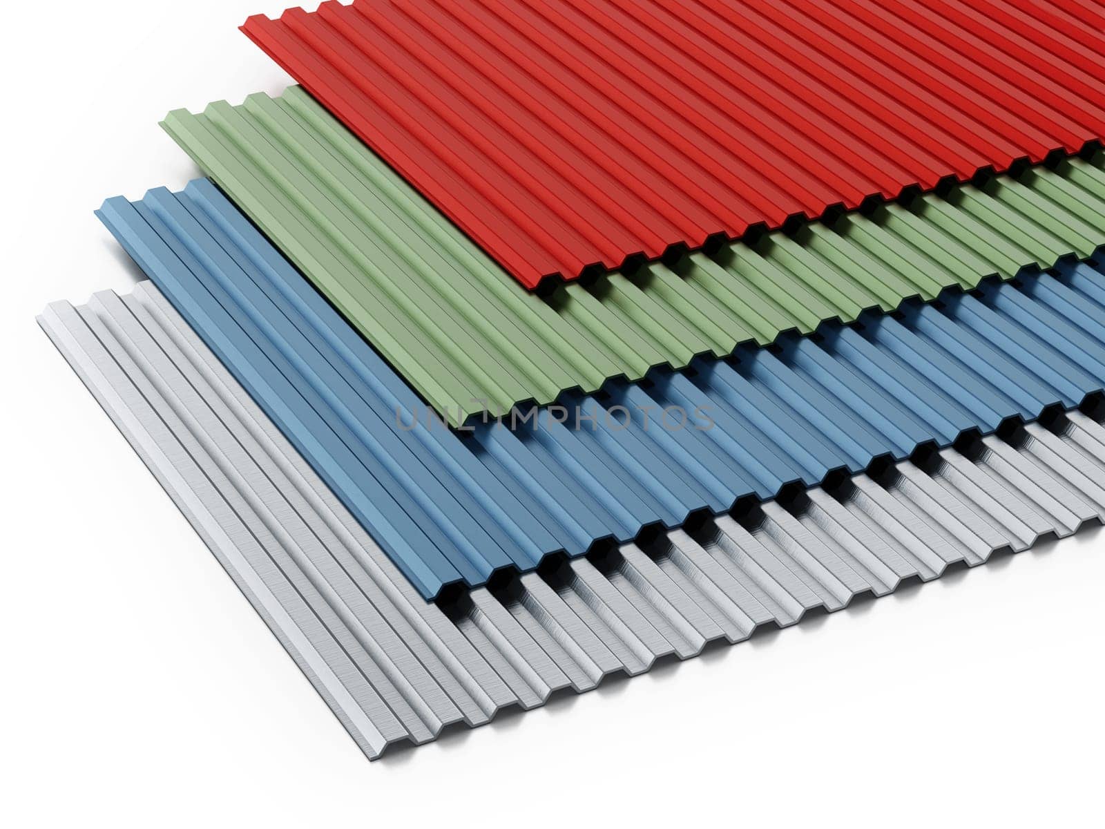 Metal sheets stack with various colors. 3D illustration.