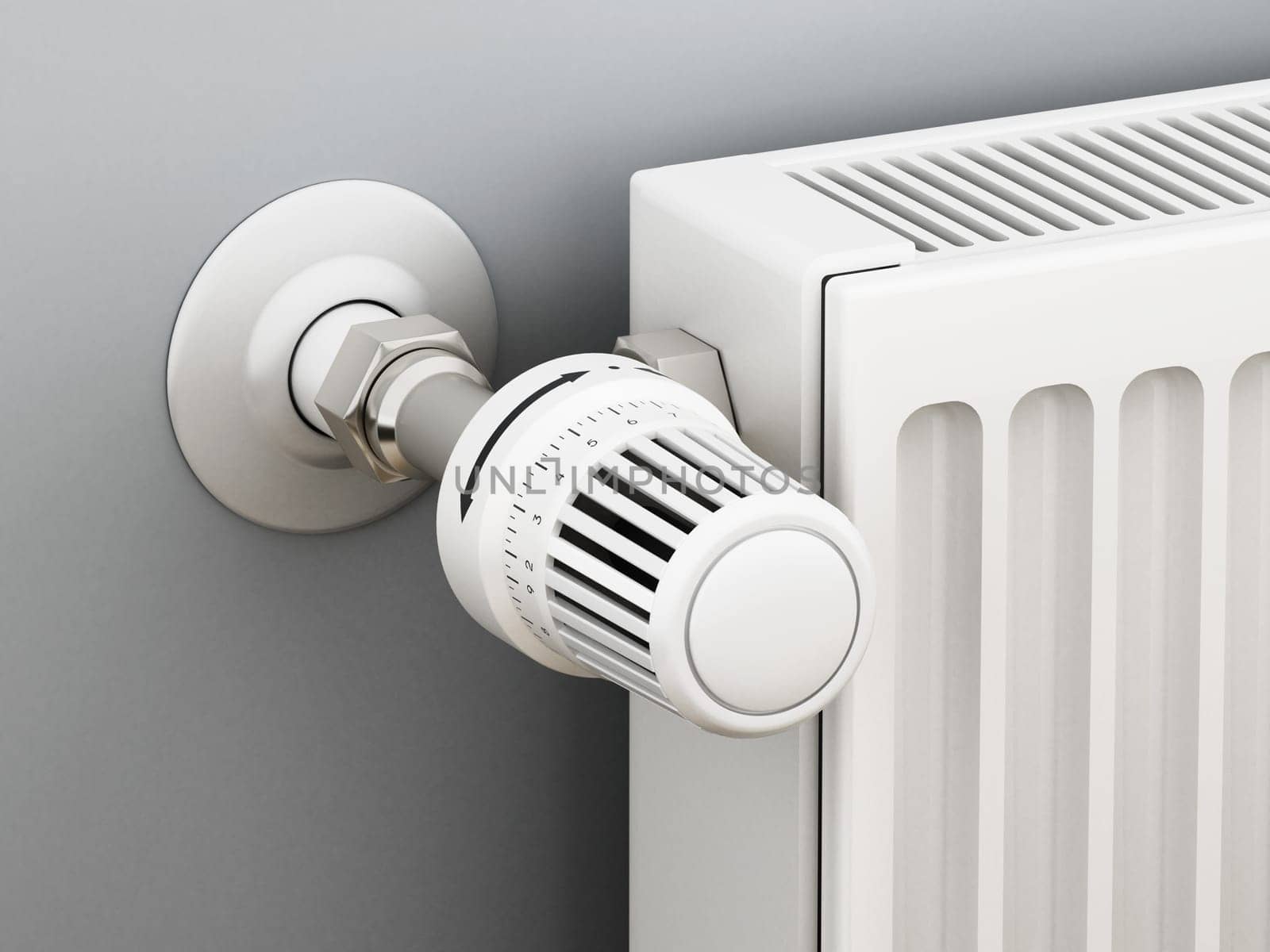 Adjustable radiator thermostat which controls the heat. 3D illustration.