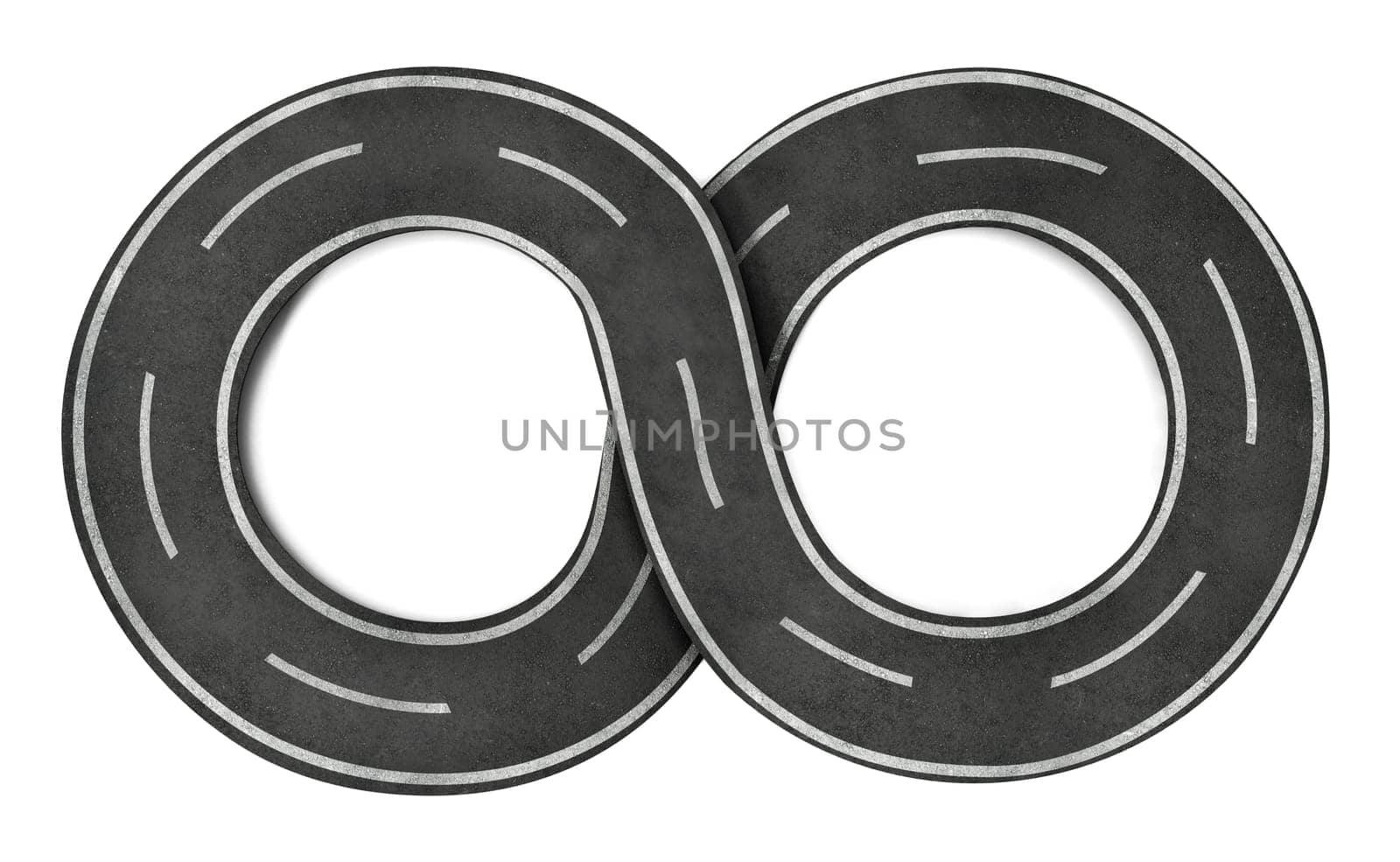 Infinity symbol shaped road isolated on white background. 3D illustration.