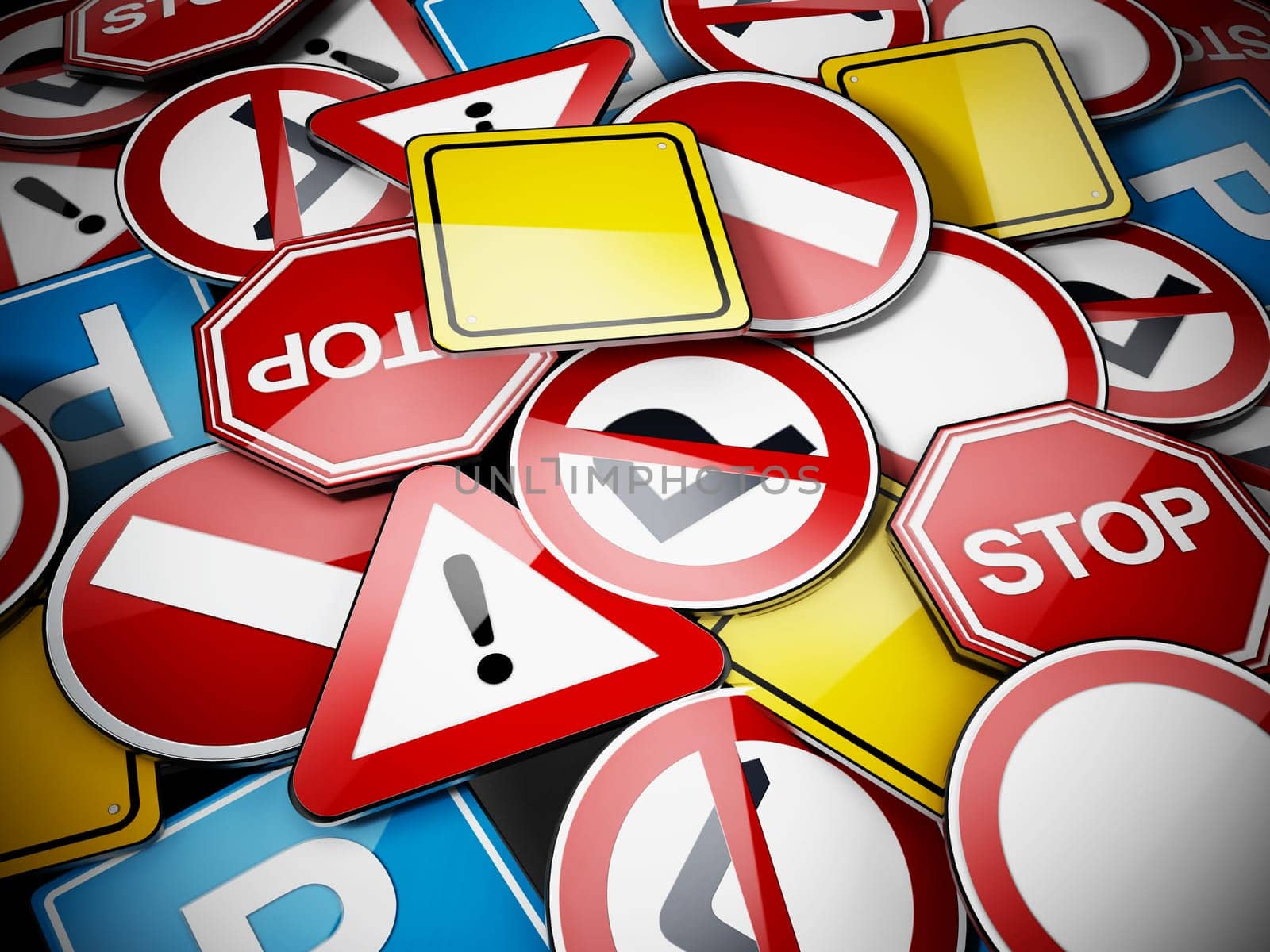 Shiny multi colored traffic signs background. 3D illustration