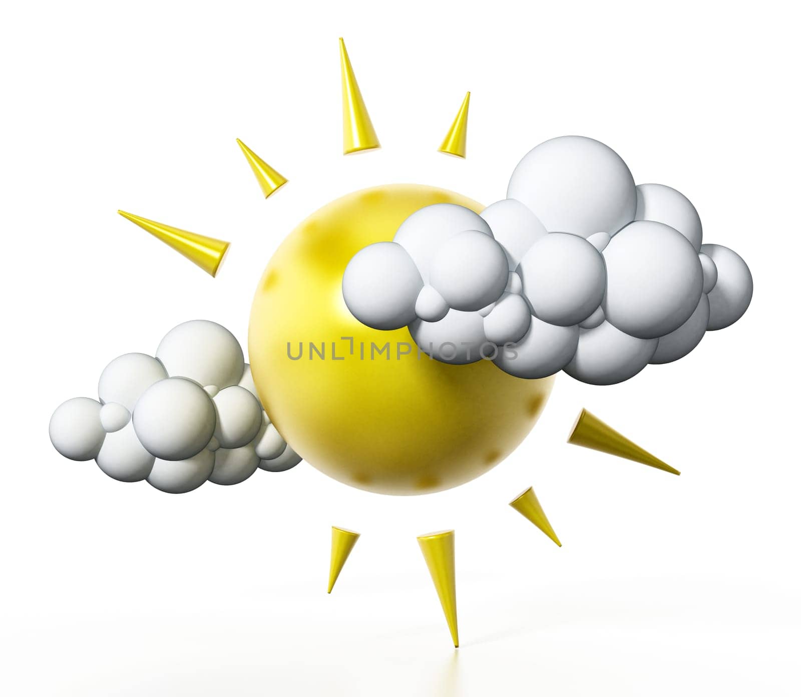 Sun and cloud symbols isolated on white background. 3D illustration.