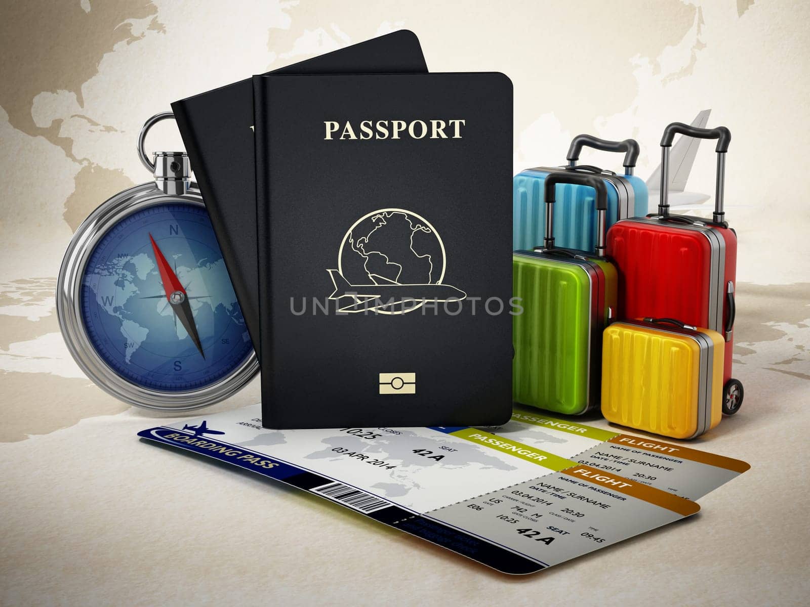 Passports, luggages, tickets and compass on world map background. 3D illustration.