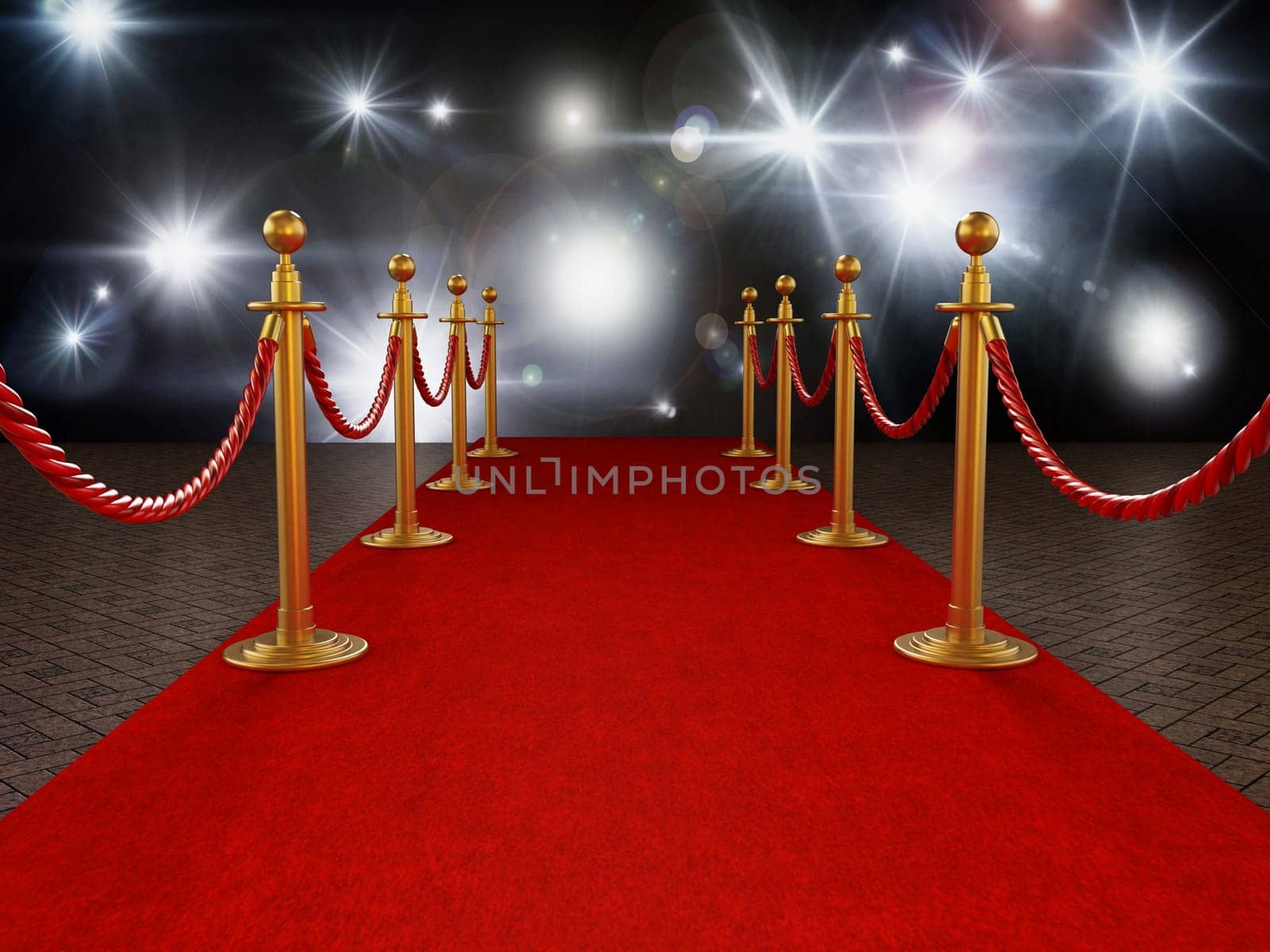 Red carpet and velvet ropes on gala night background. 3D illustration.