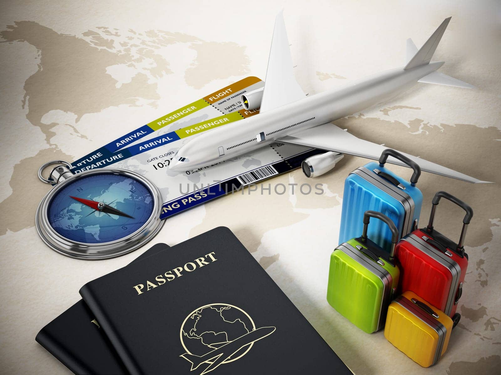 Passports, luggages, tickets and compass on world map background. 3D illustration.