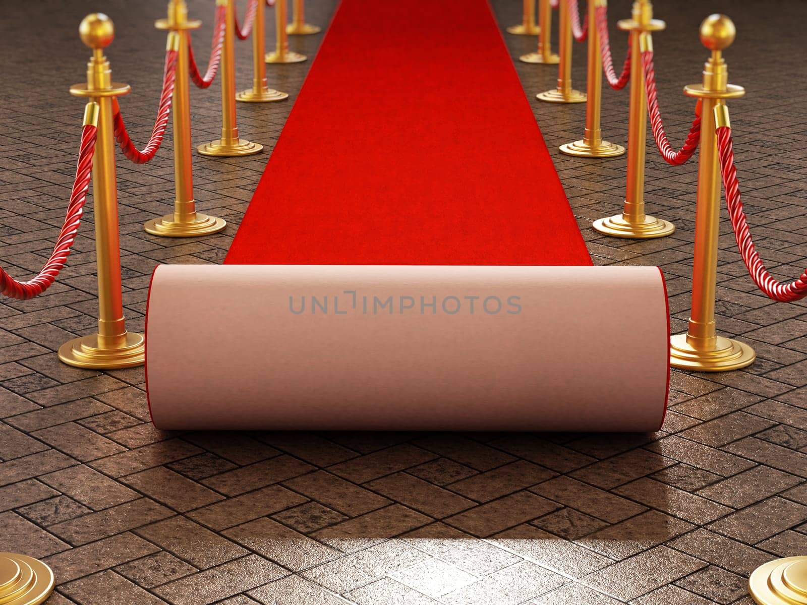 Red carpet and velvet ropes on gala night background. 3D illustration.
