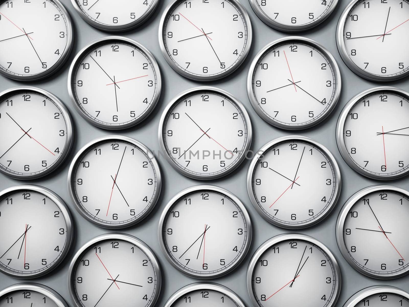 Modern wall clocks showing different time zones of world cities. 3D illustration.