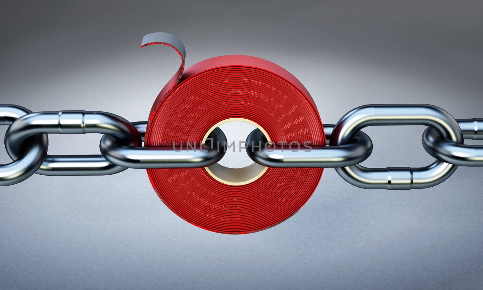 Extra strong adhesive tape among chain parts. 3D illustration.