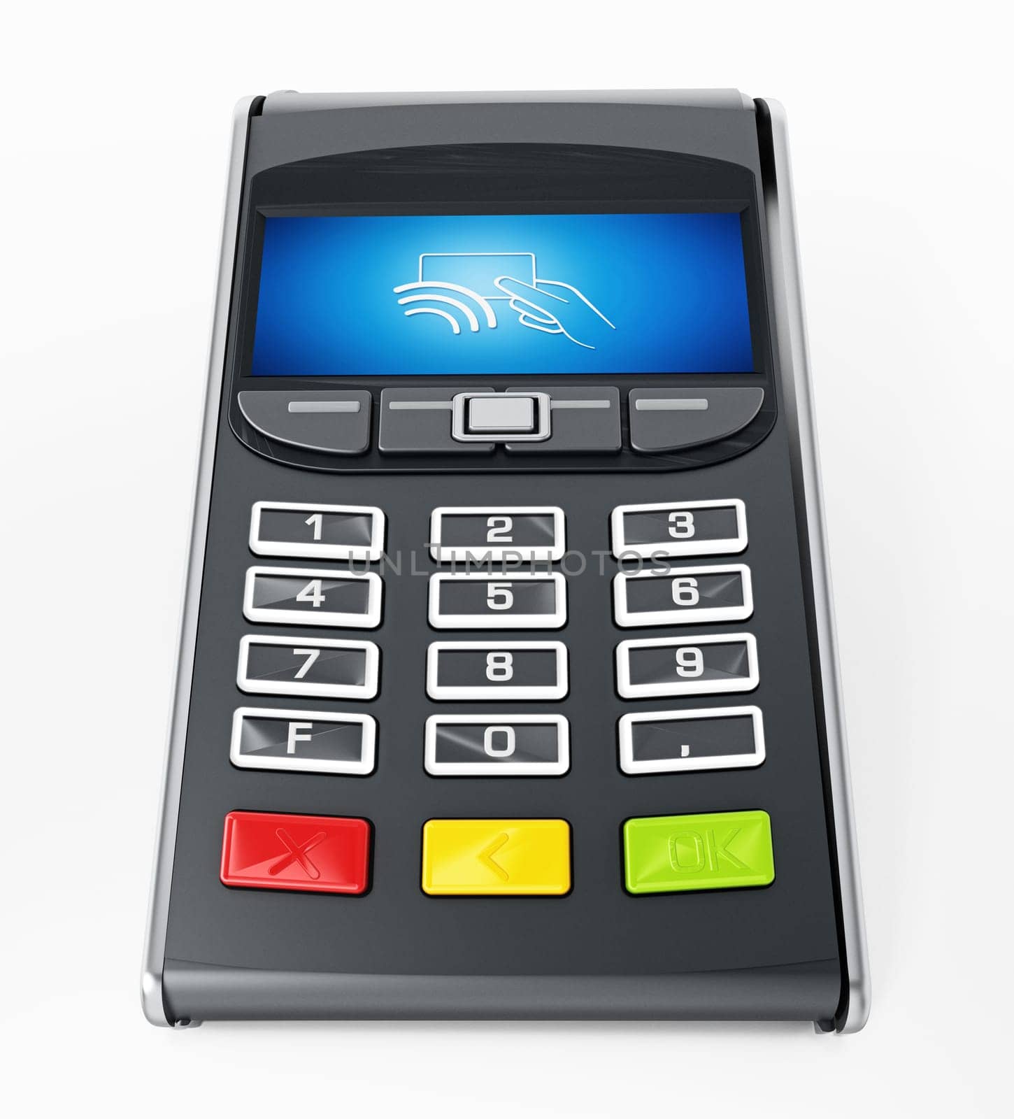 POS terminal with remote wireless symbol on the screen. 3D illustration.