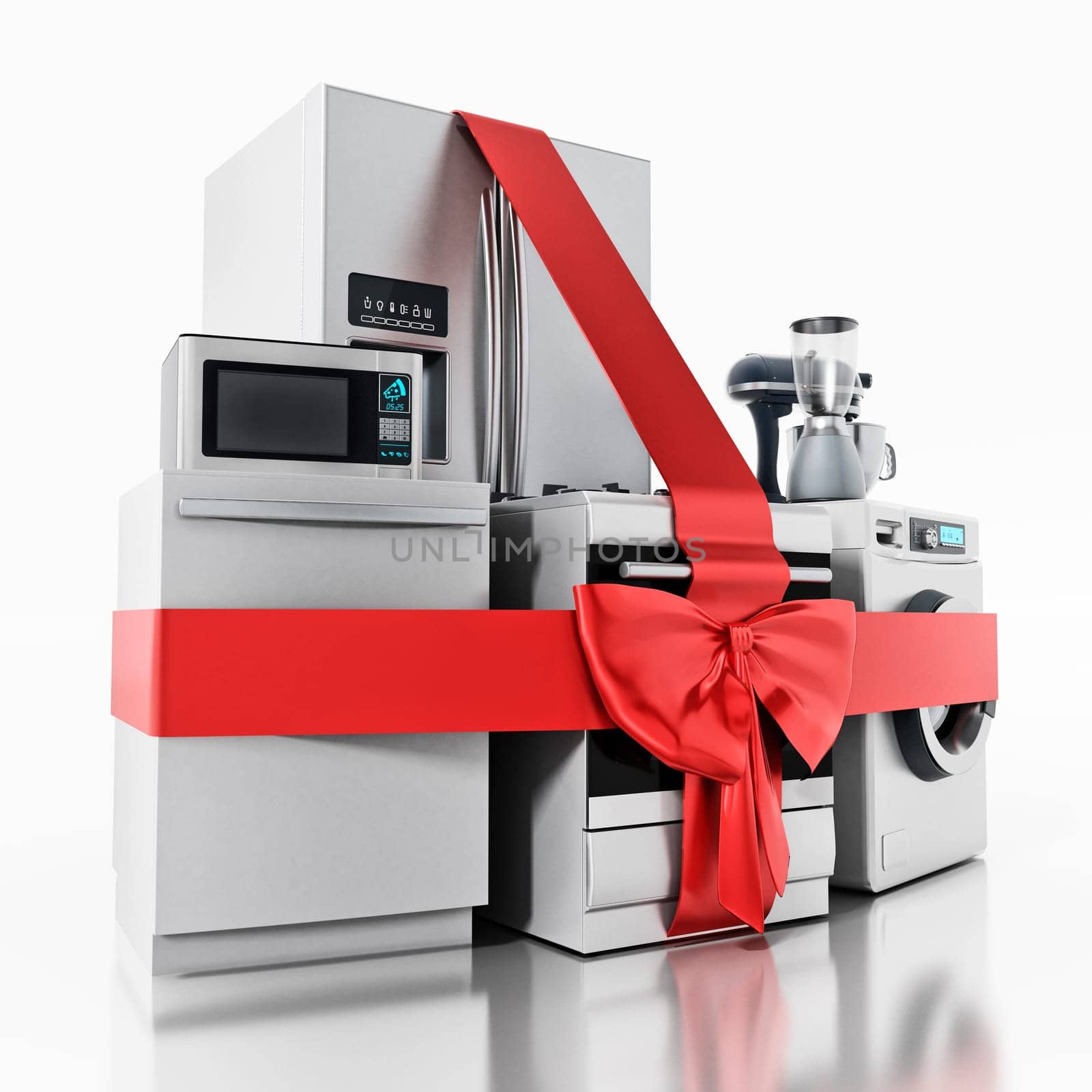 Household equipments wrapped with red ribbon. 3D illustration.