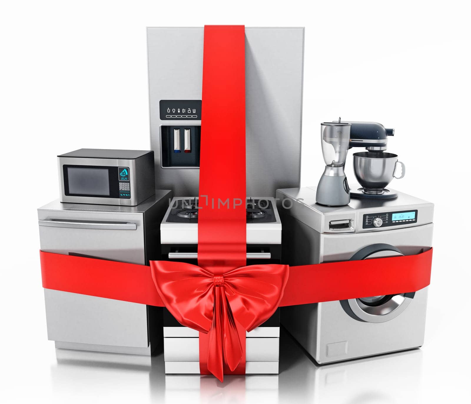 Household equipments wrapped with red ribbon. 3D illustration.