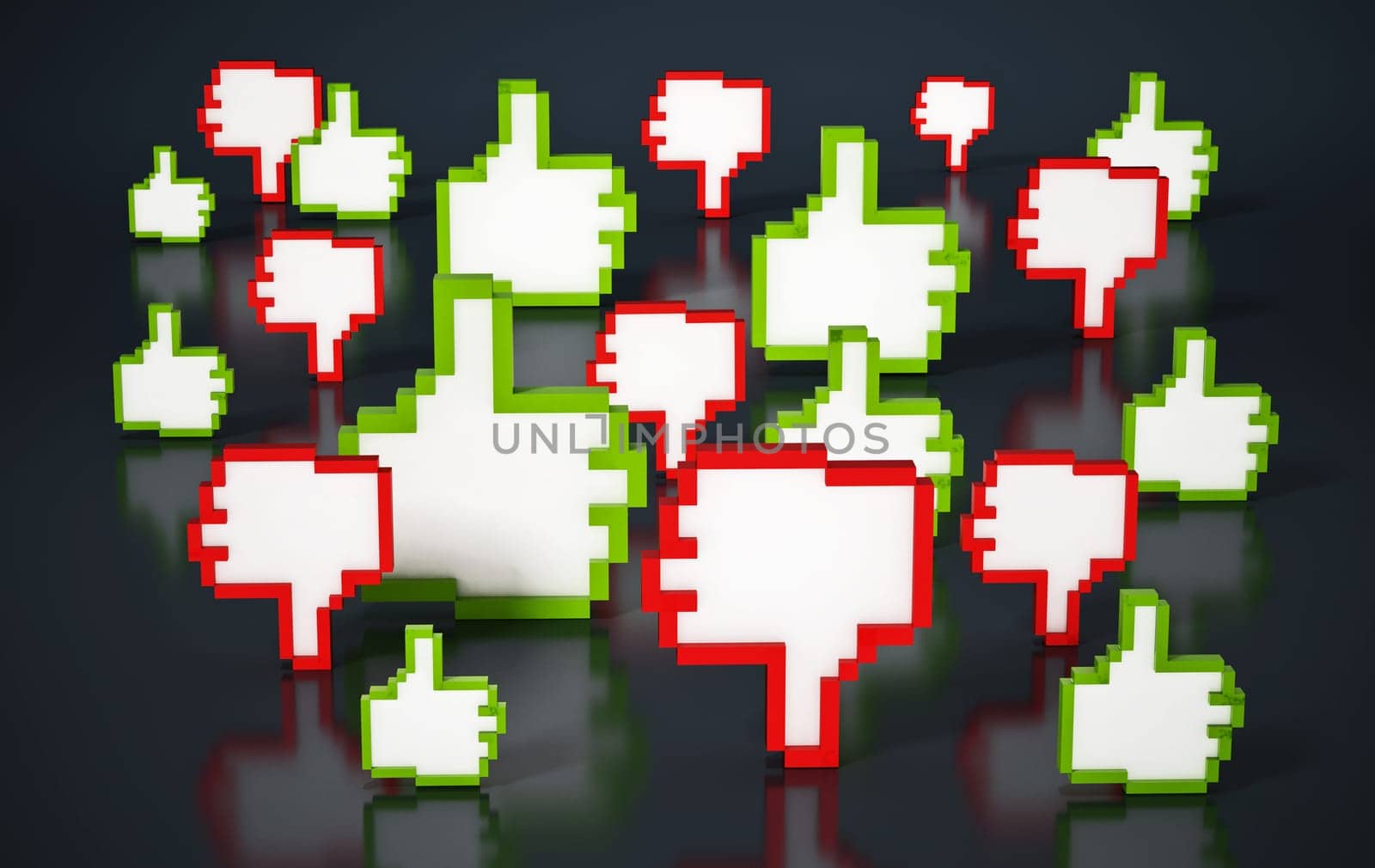 Thumbs up and down icons on black background. 3D illustration.