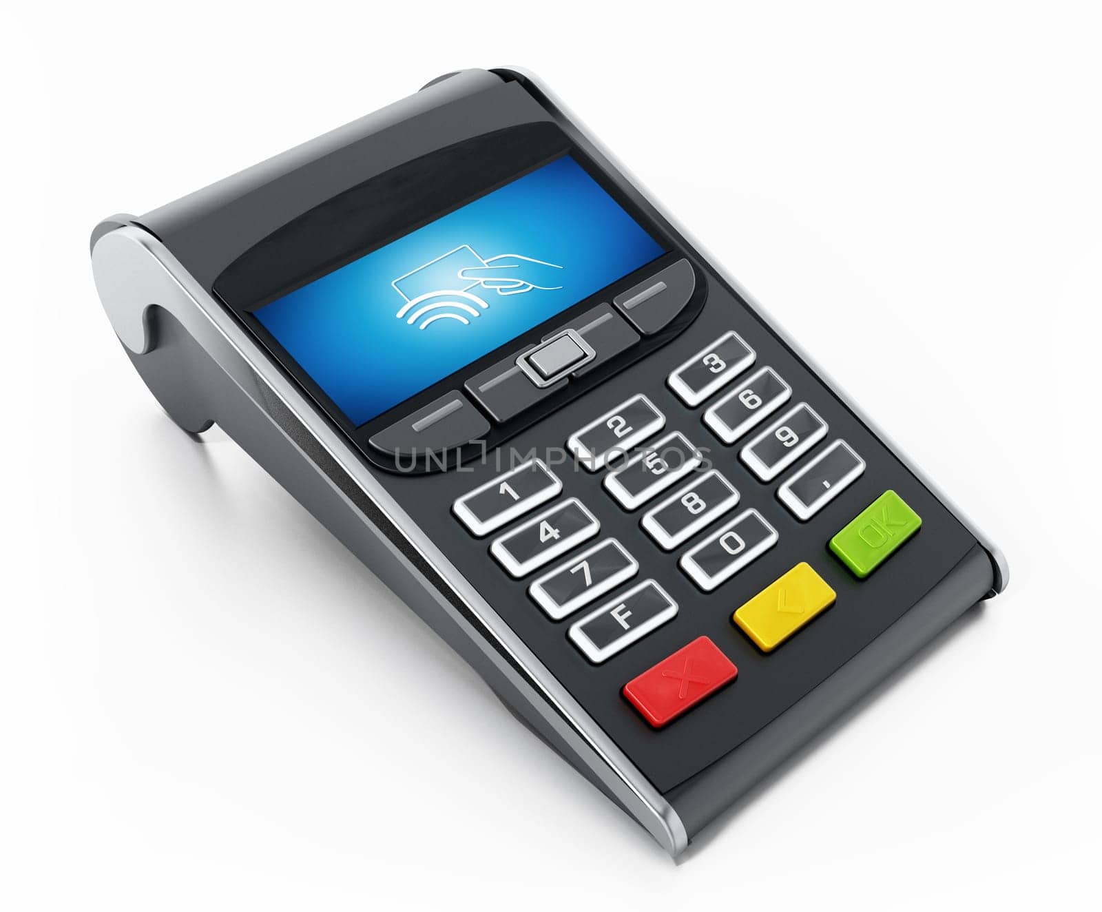 POS terminal with remote wireless symbol on the screen. 3D illustration.