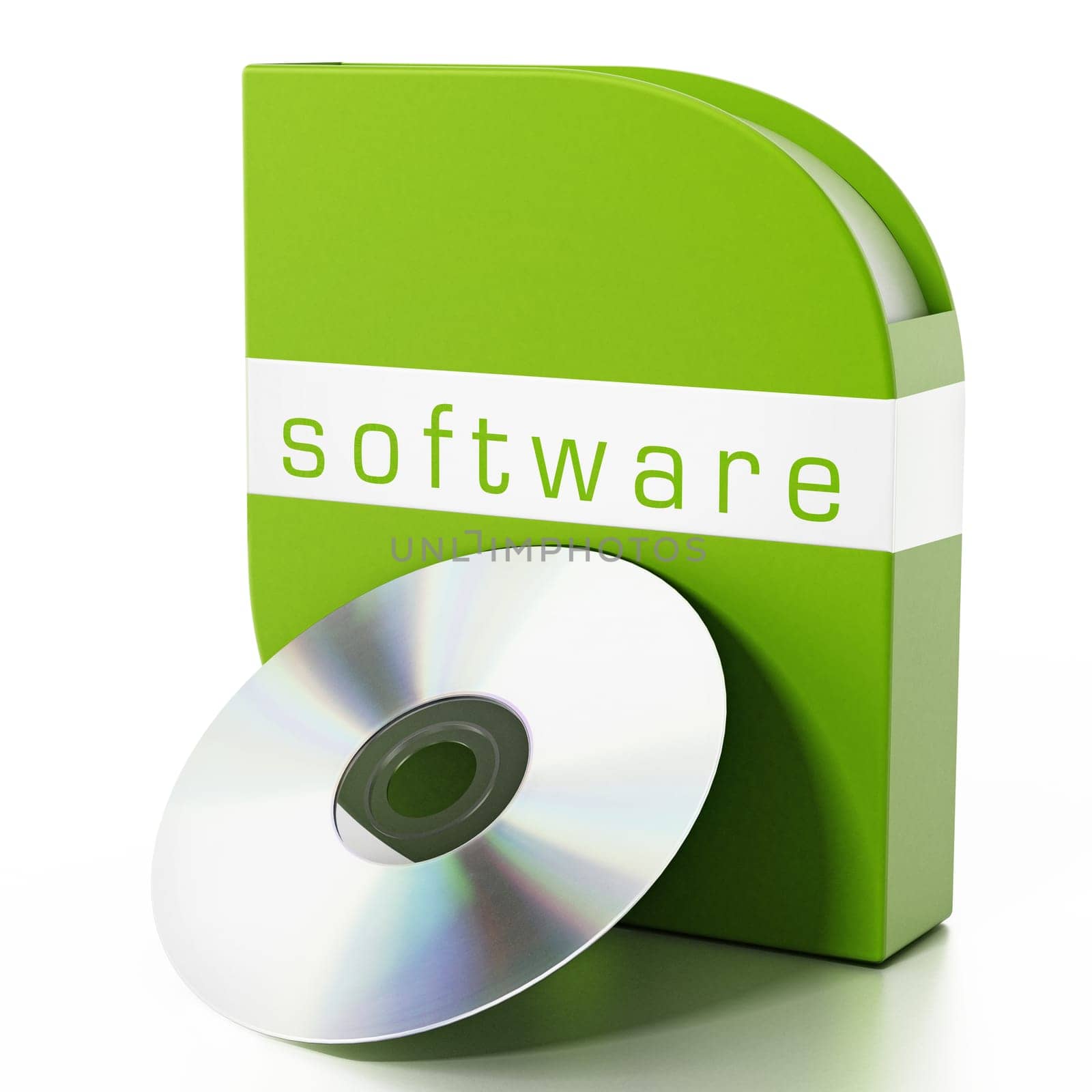 Green software box isolated on white background. 3D illustration.