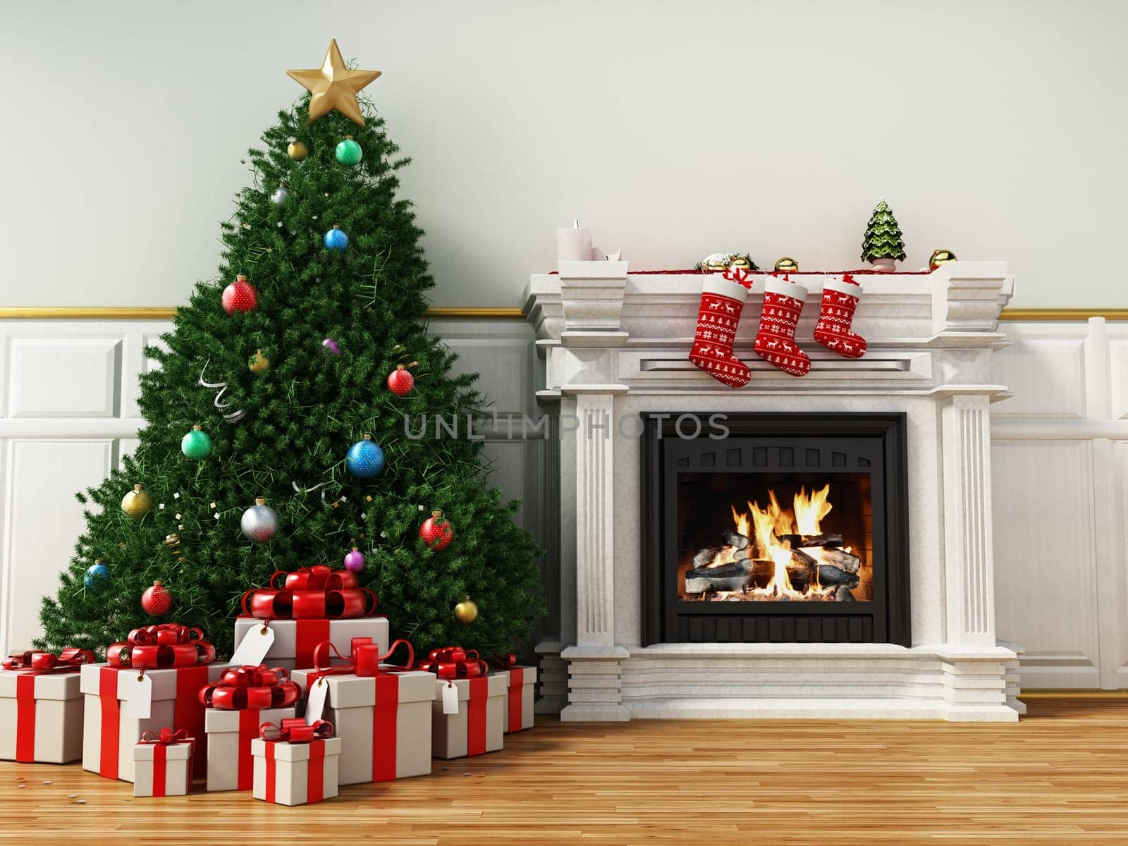 Christmas tree beside burning fireplace. 3D illustration.