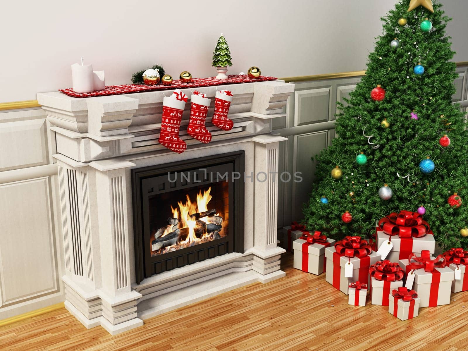 Christmas tree beside burning fireplace. 3D illustration.