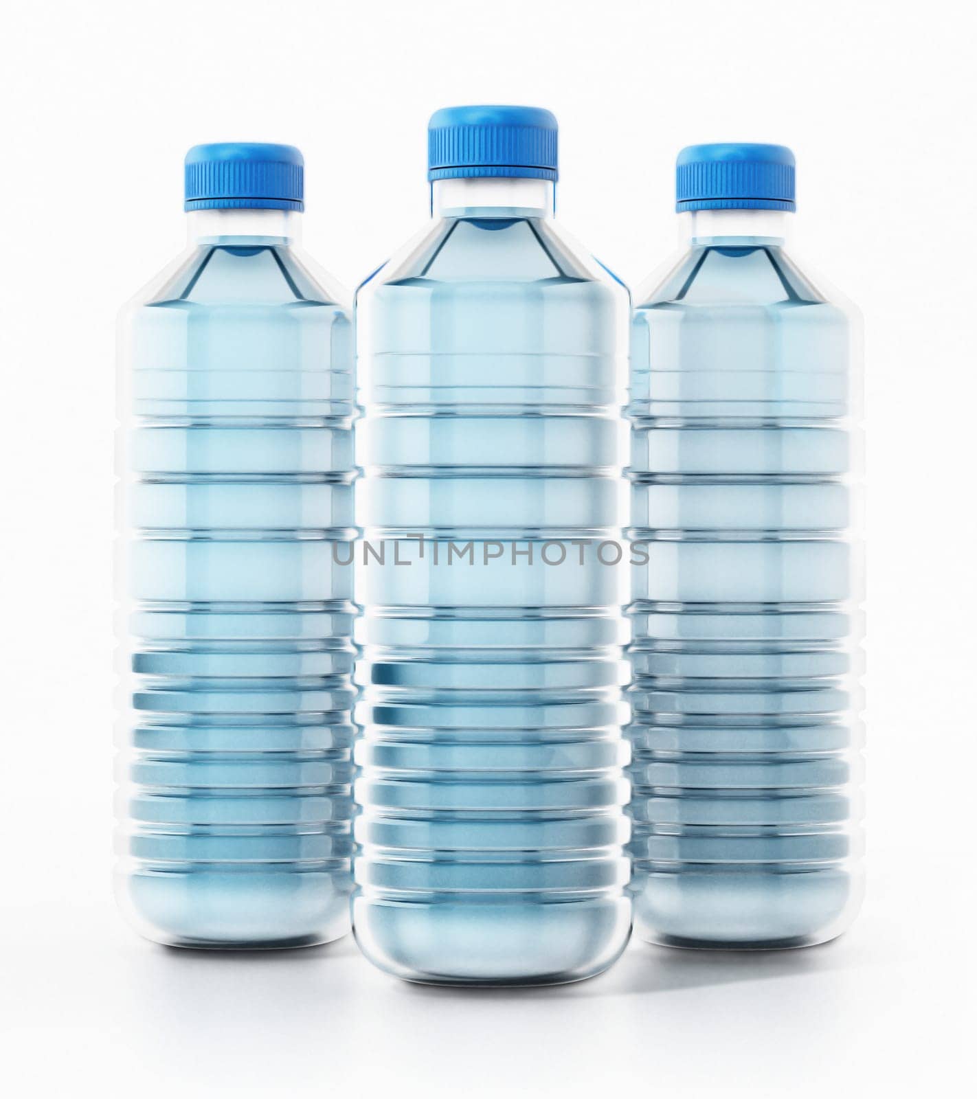 Blue plastic bottles full of water. 3D illustration.