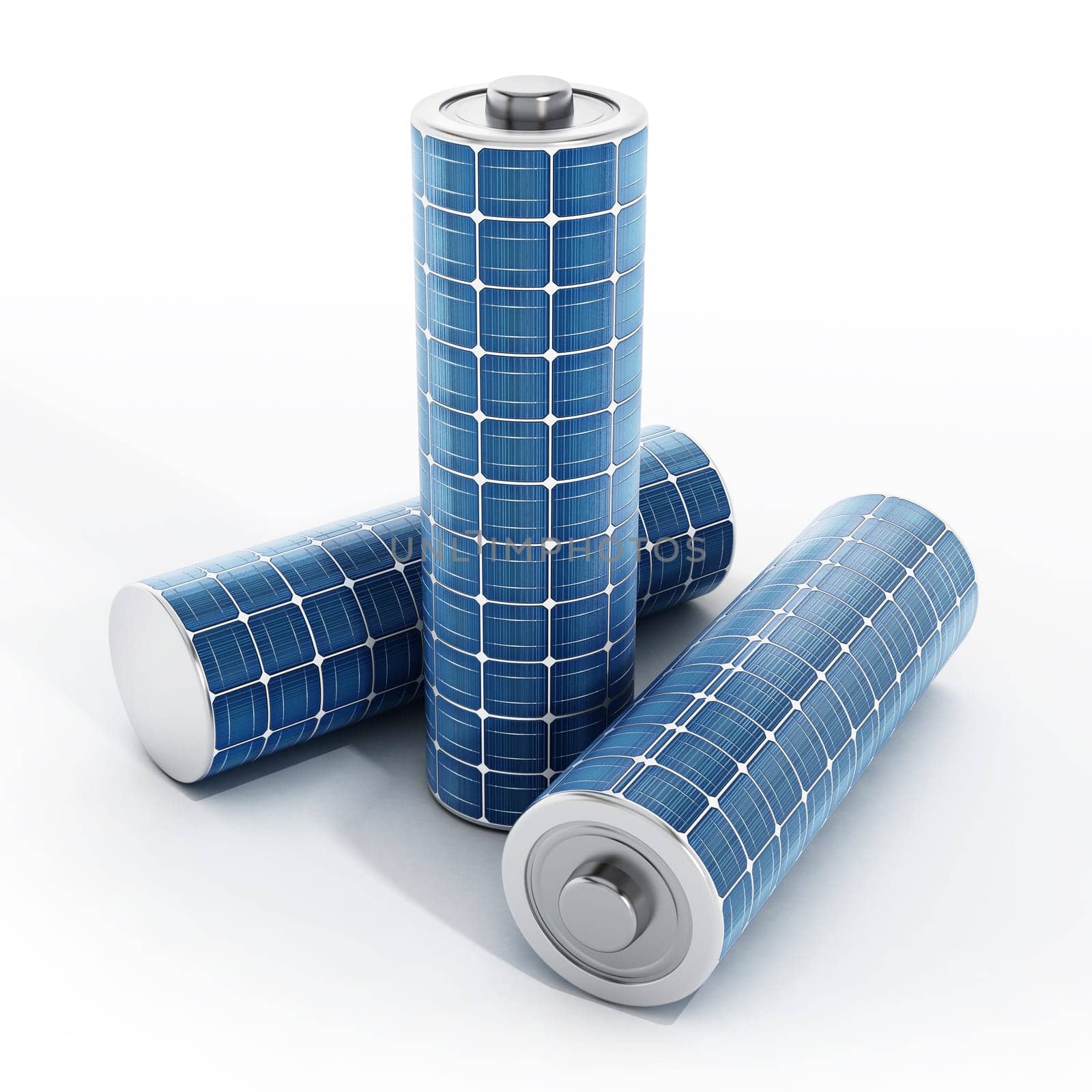 Solar panel on AAA type battery. 3D illustration.