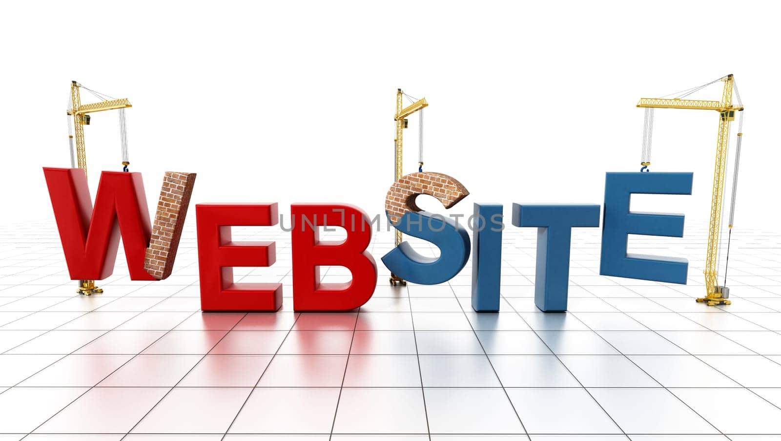 Yellow construction cranes delivering website word letters. 3D illustration.