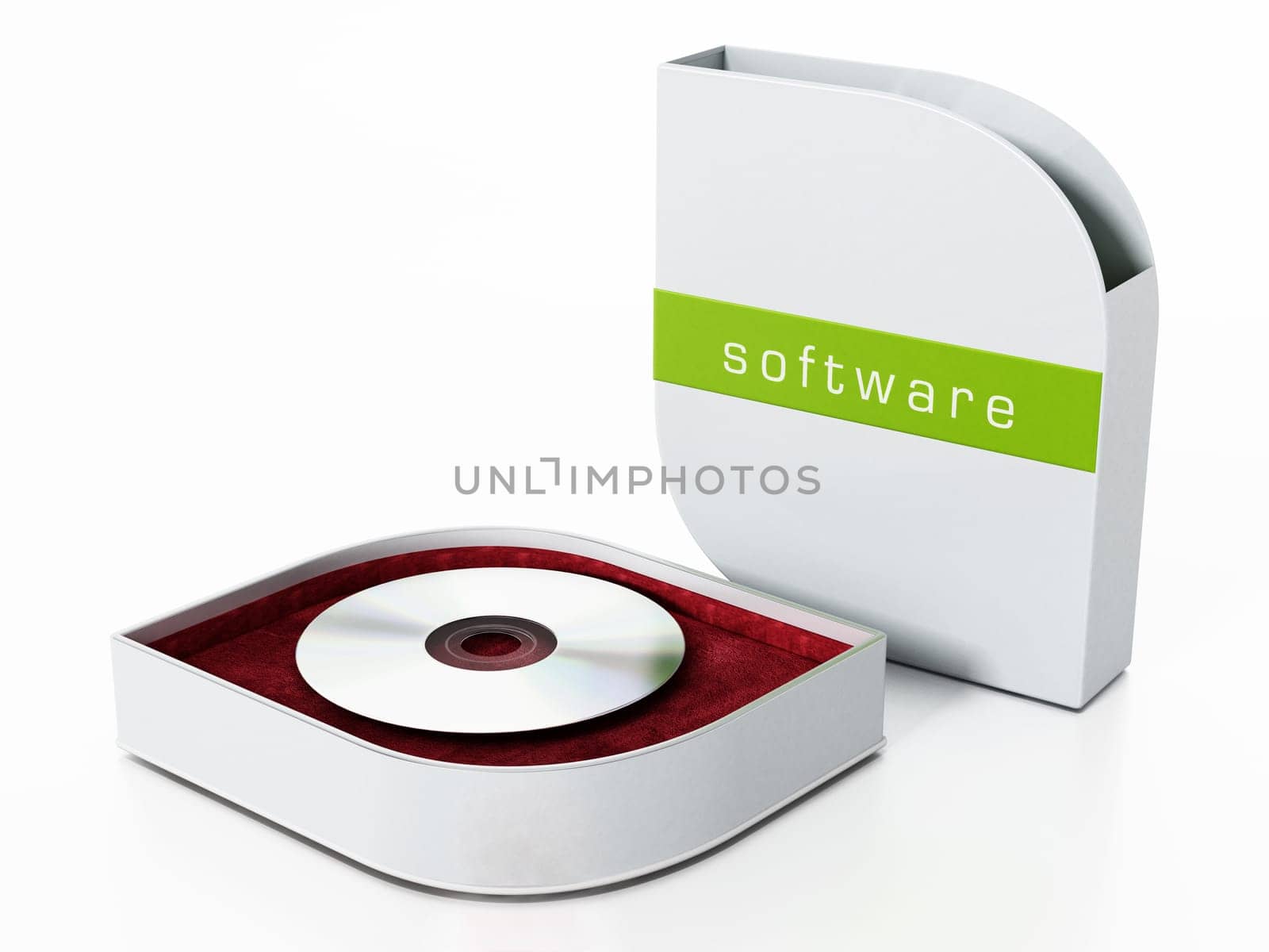 Software box with open cover isolated on white background. 3D illustration.