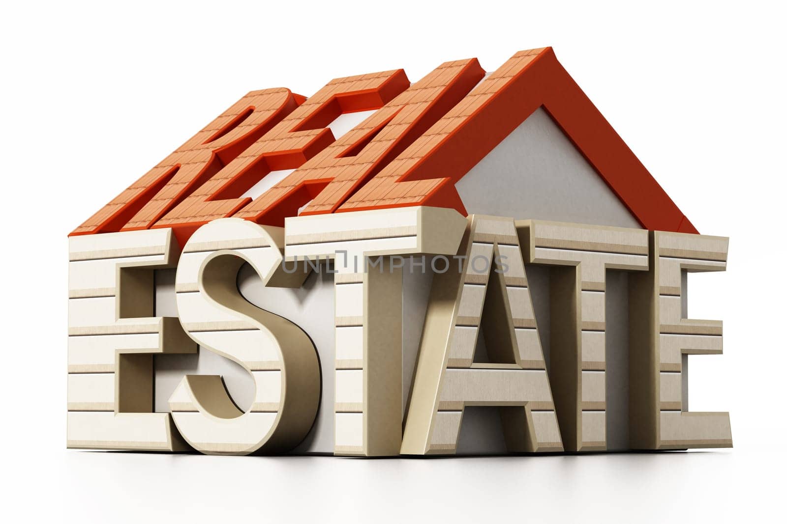 Real estate word in house shape. 3D illustration.