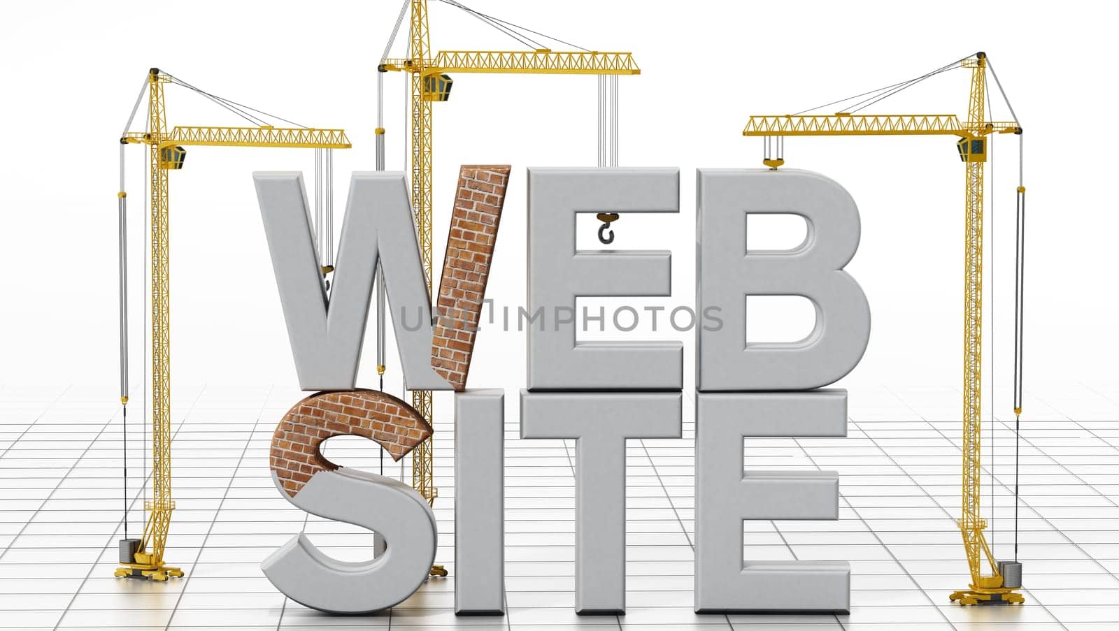 Yellow construction cranes delivering website word letters. 3D illustration.