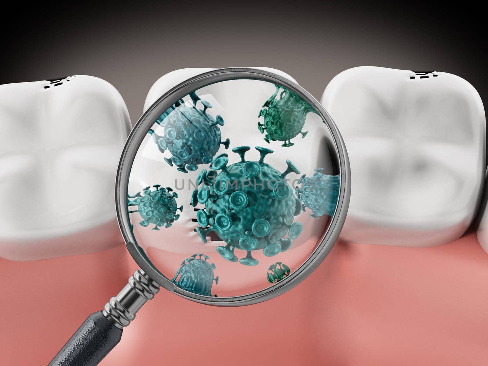 Magnifying glass on green bacteria. 3D illustration.
