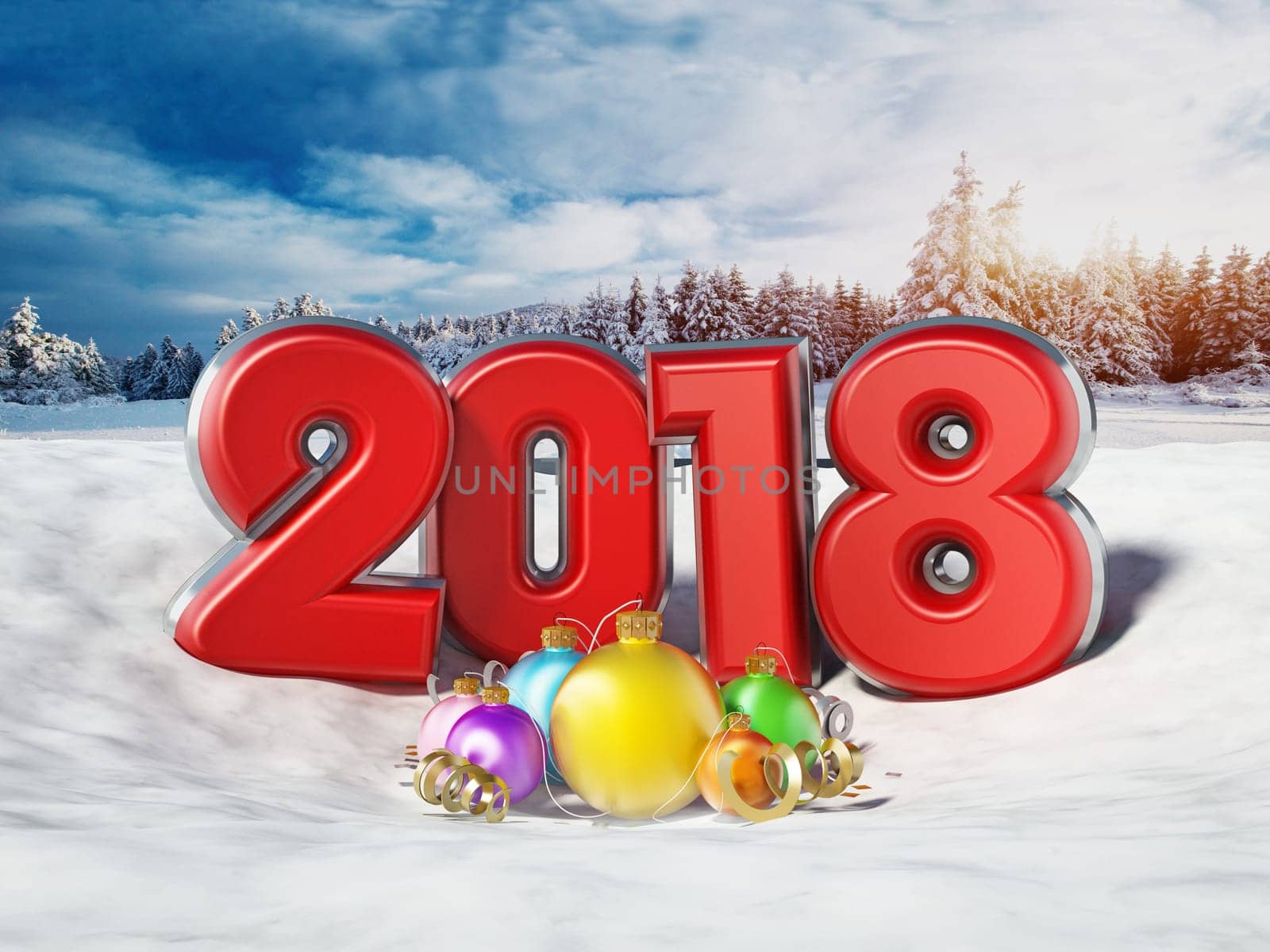 Multi-colored number 2018 and ornaments on snow. 3D illustration.