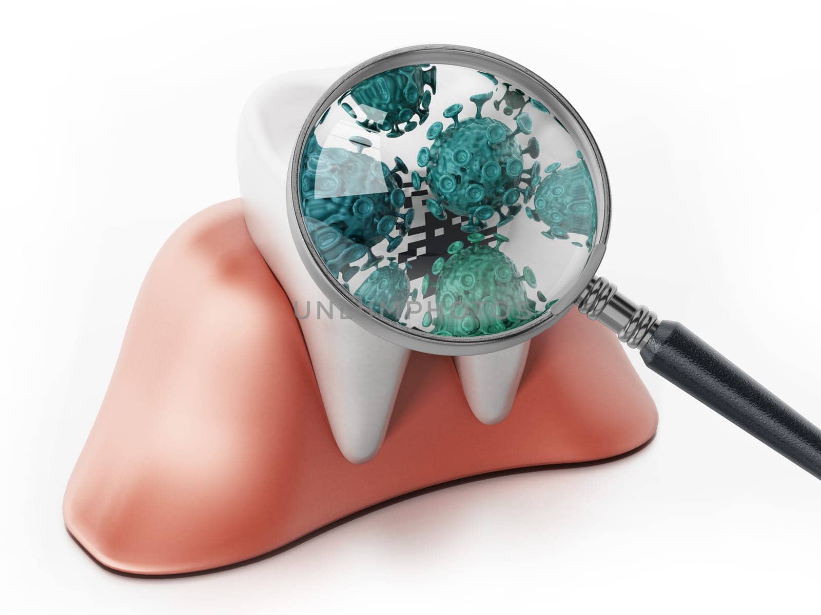 Magnifying glass on green bacteria. 3D illustration.