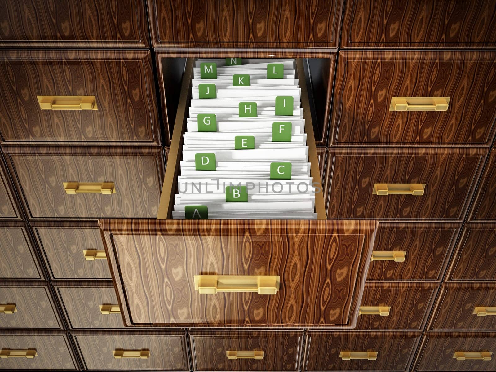 Library catalogue wooden drawer with letters. 3D illustration.