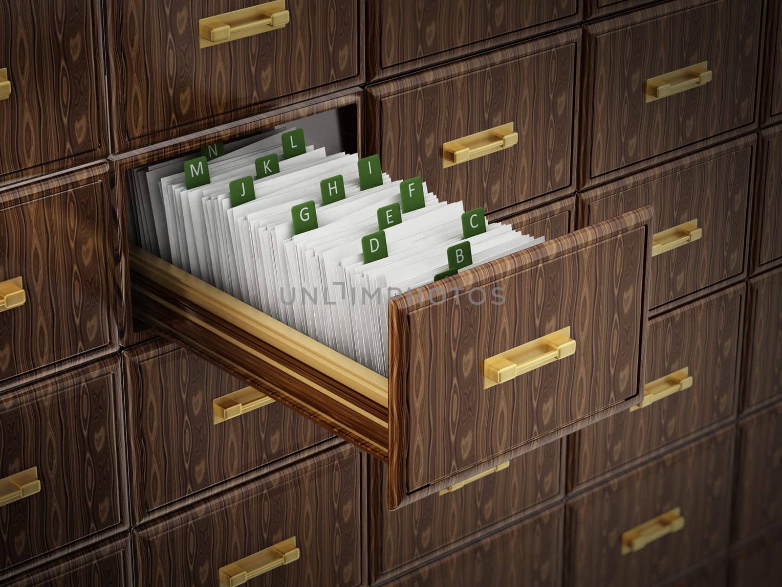 Library catalogue wooden drawer with letters. 3D illustration.