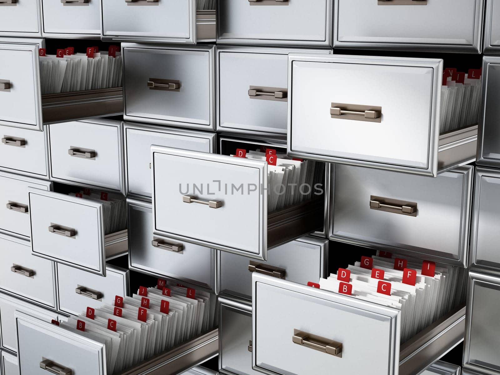 Library catalogue wooden drawer with letters. 3D illustration.