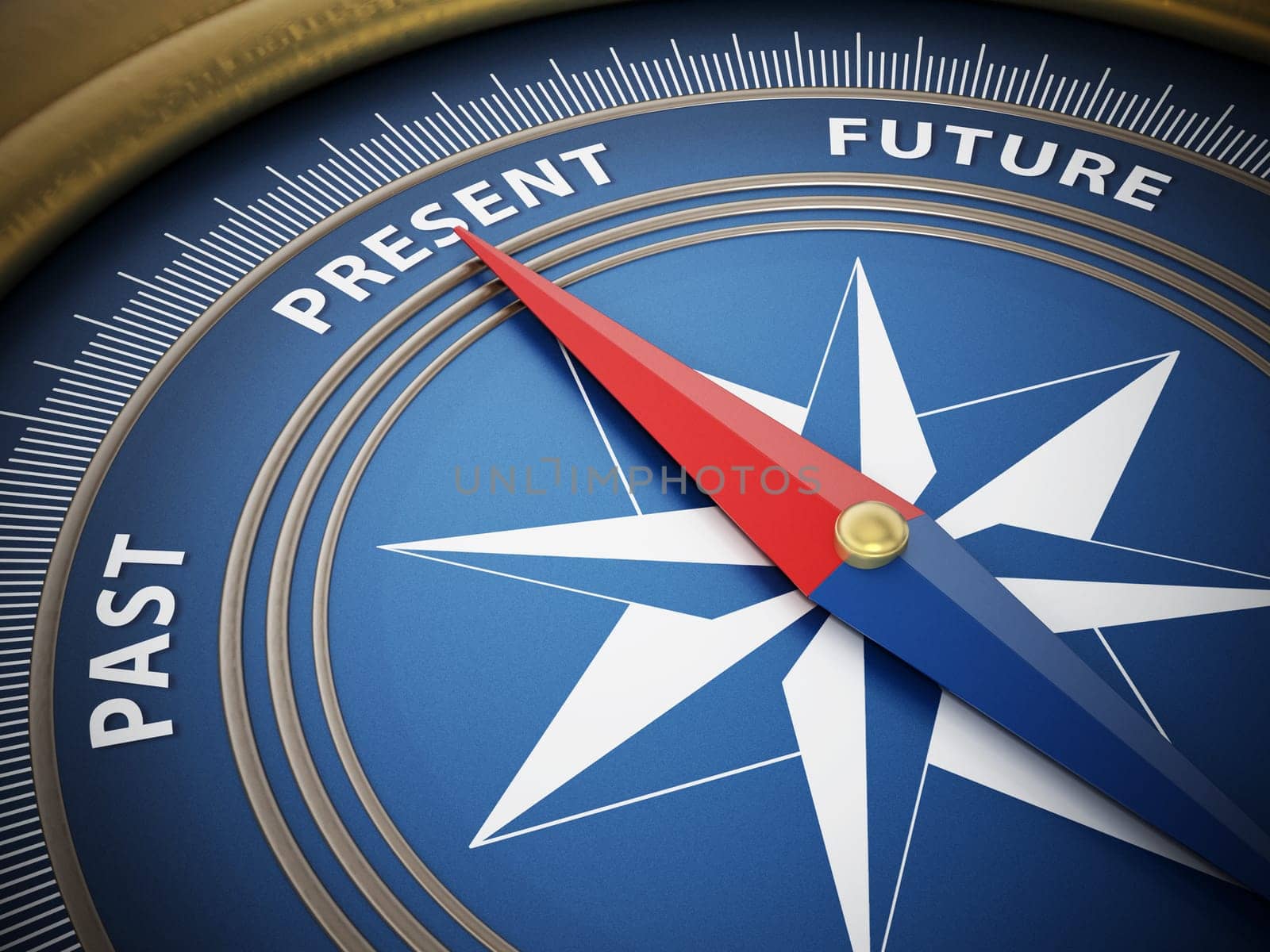 Compass needle pointing present among past and future. 3D illustration.