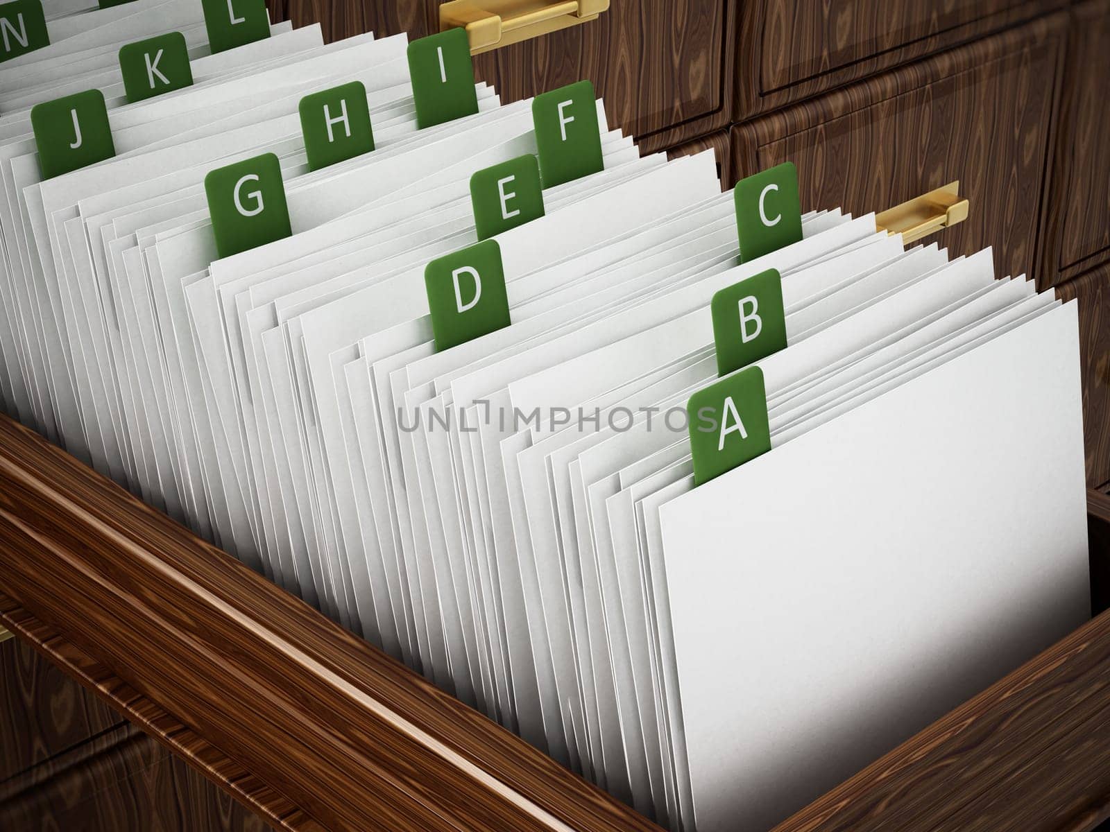Library catalogue wooden drawer with letters. 3D illustration.