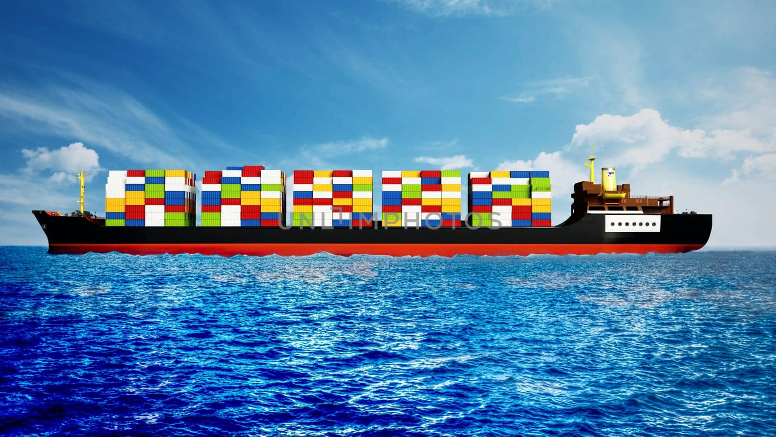 Cargo ship loaded with multi colored containers. 3D illustration.