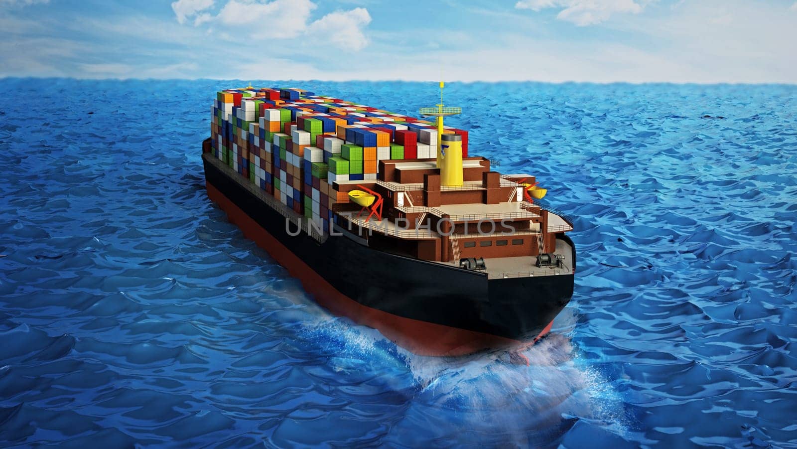 Cargo ship loaded with multi colored containers. 3D illustration.