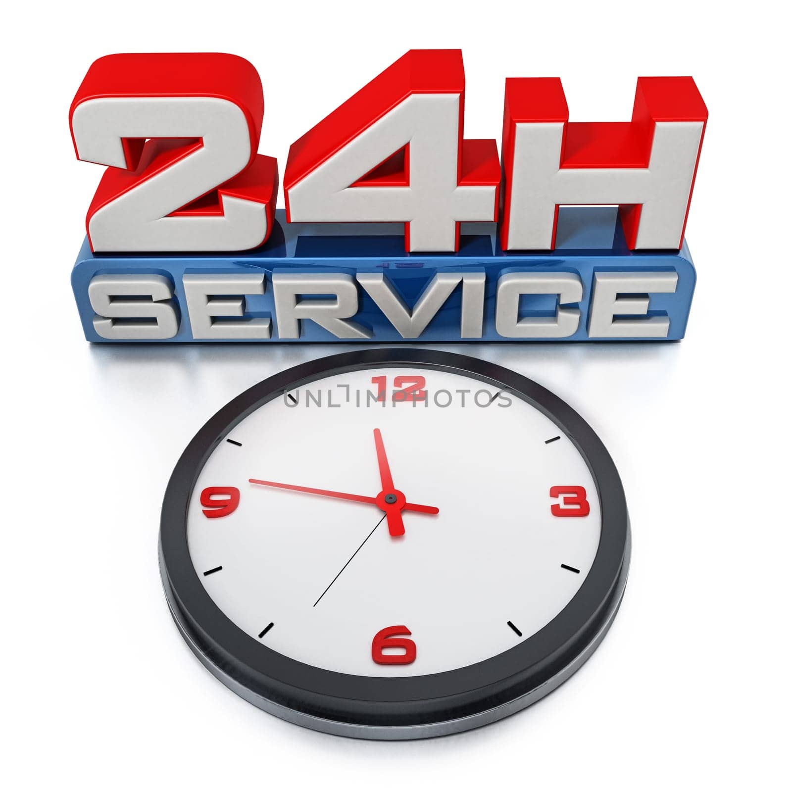 24 hours open text and clock isolated on white background. 3D illustration.