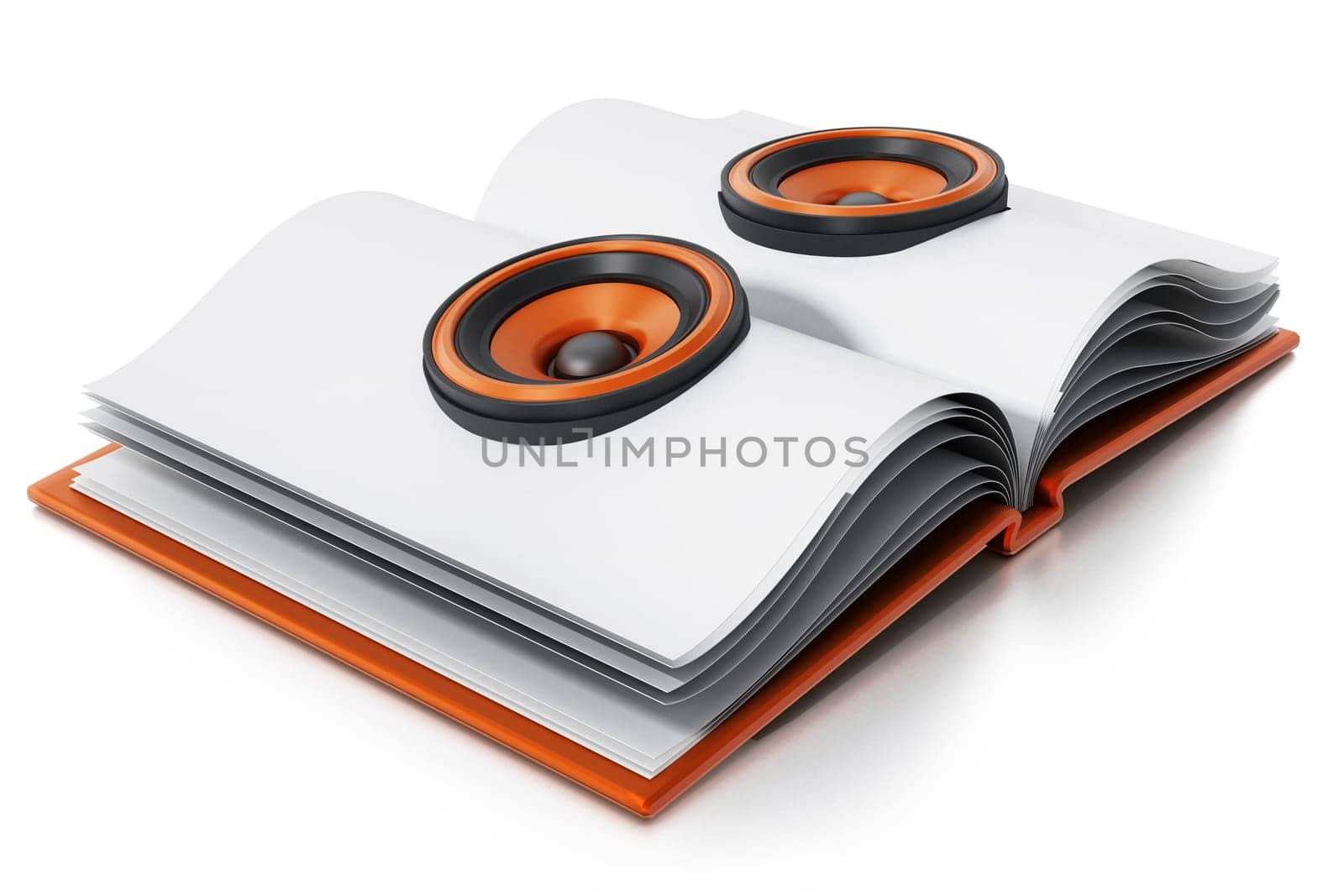 Audio book with speakers on open book. 3D illustration.