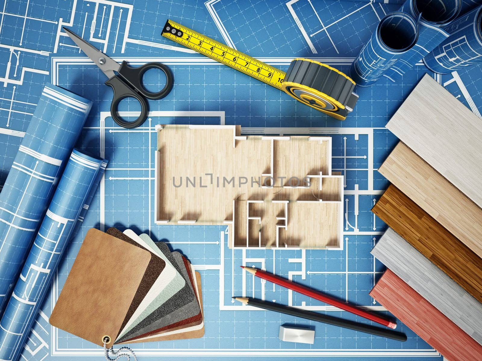 Home decorating tools standing on house bluprints. 3D illustration.