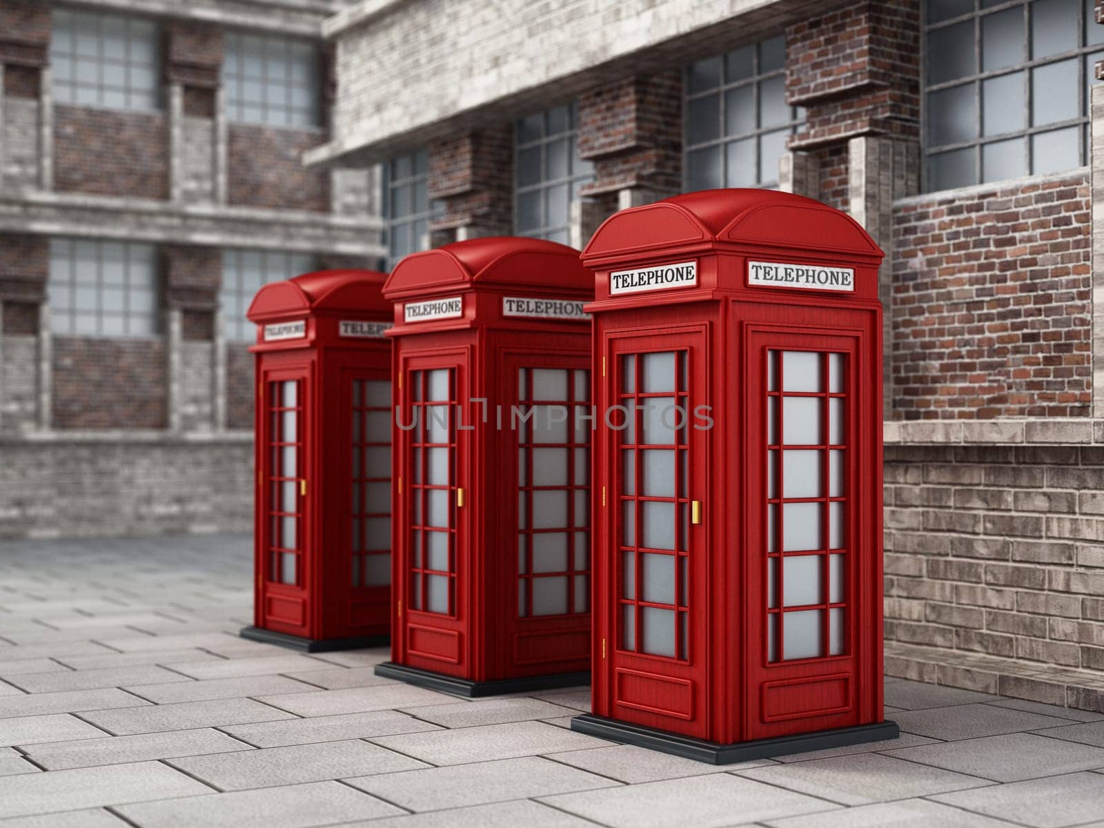 Red British phone booths in the street. 3D illustration.