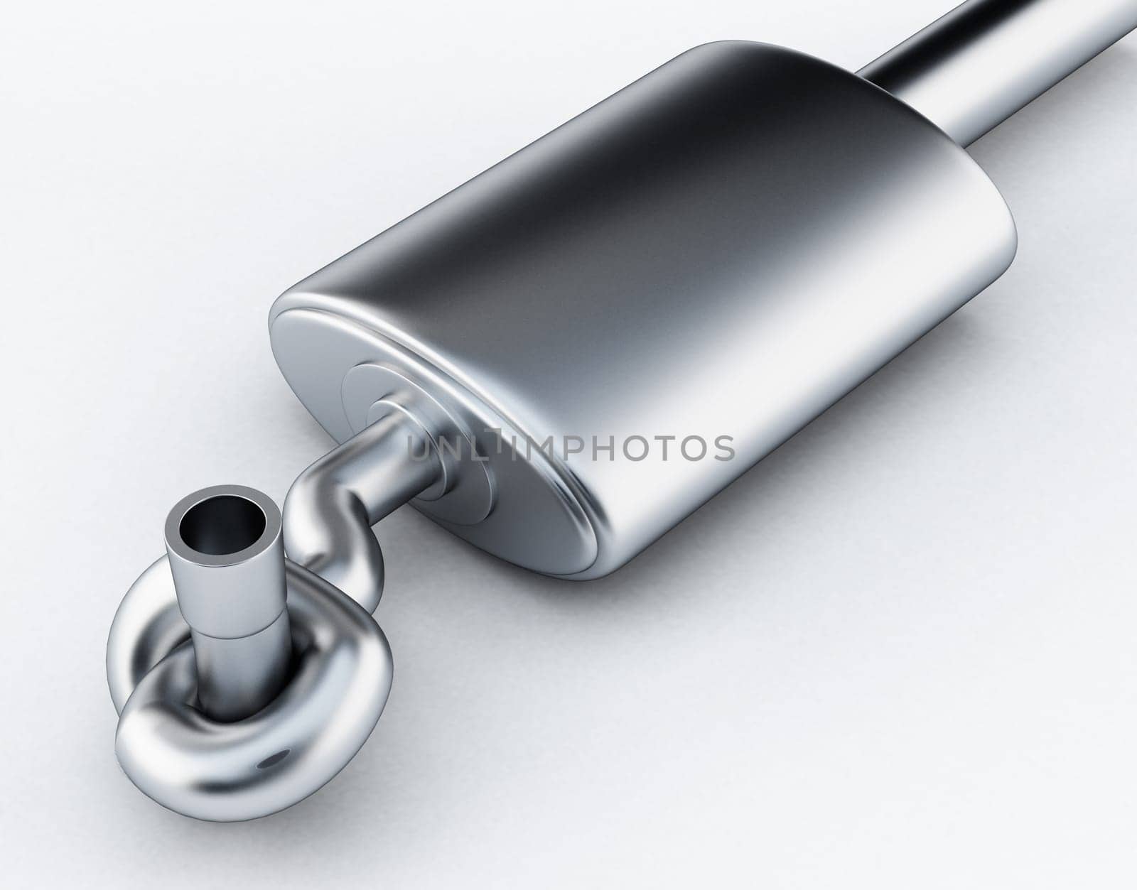 Silencer of exhaust gases of the car tied in a knot. 3D illustration.