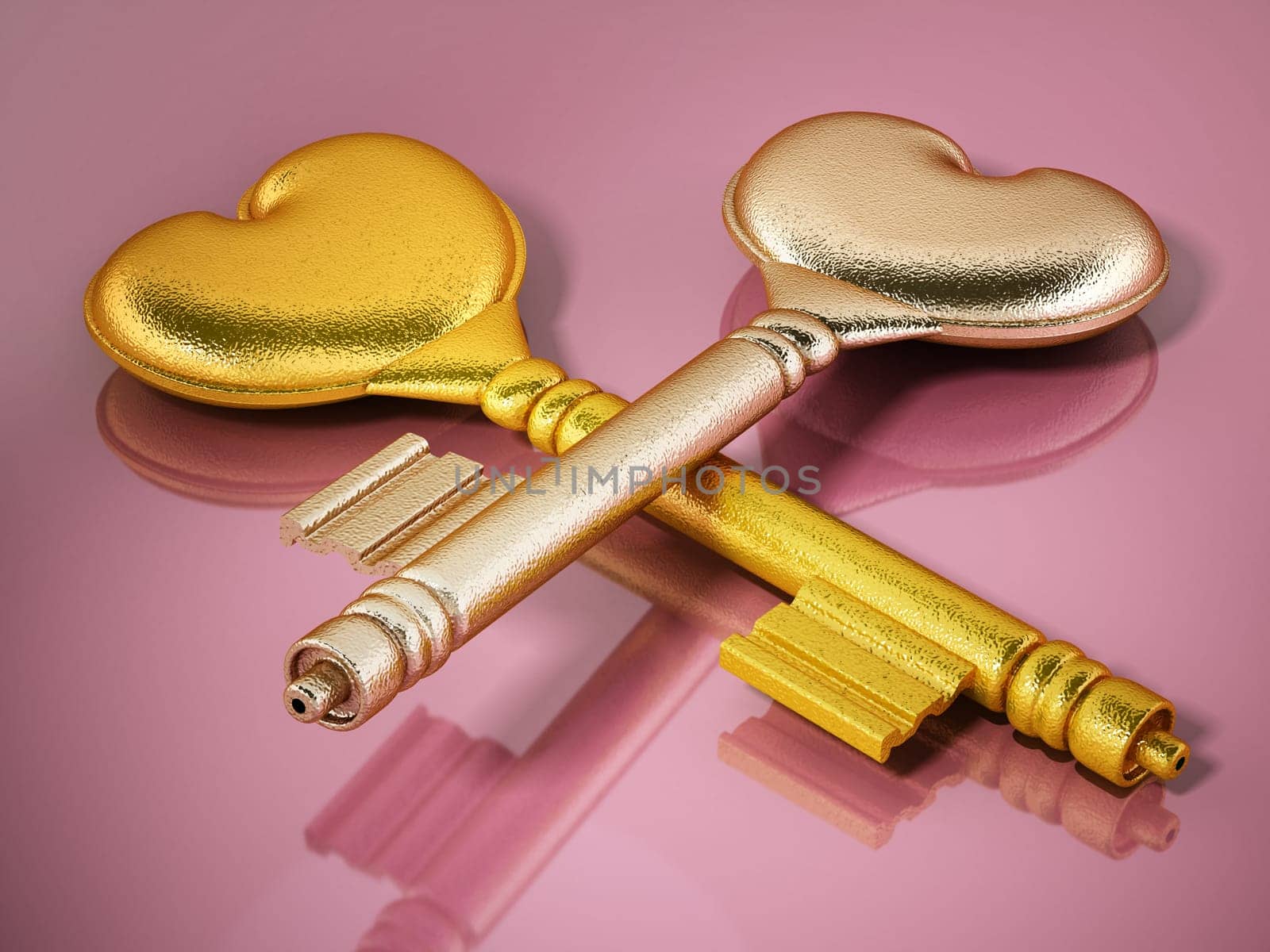 Gold keys with heart shapes on pink background. 3D illustration.