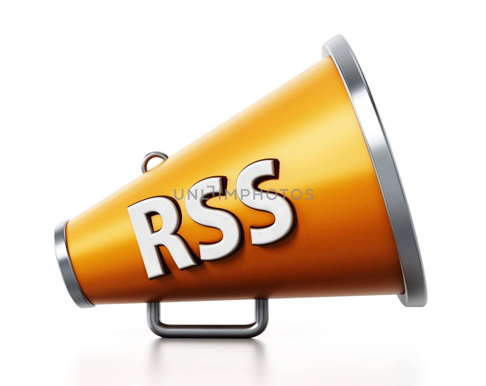 Orange megaphone with RSS text isolated on white background. 3D illustration.