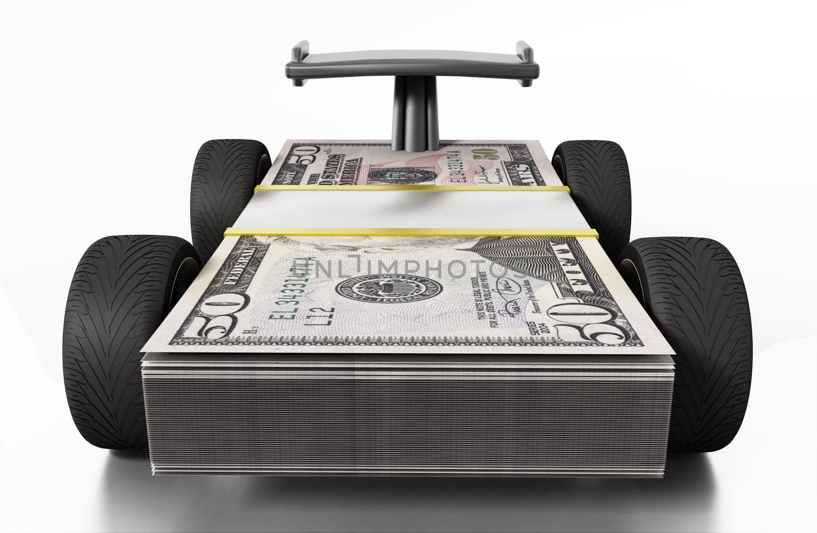 Race tyres and spoiler connected to 50 dollar bills. 3D illustration.